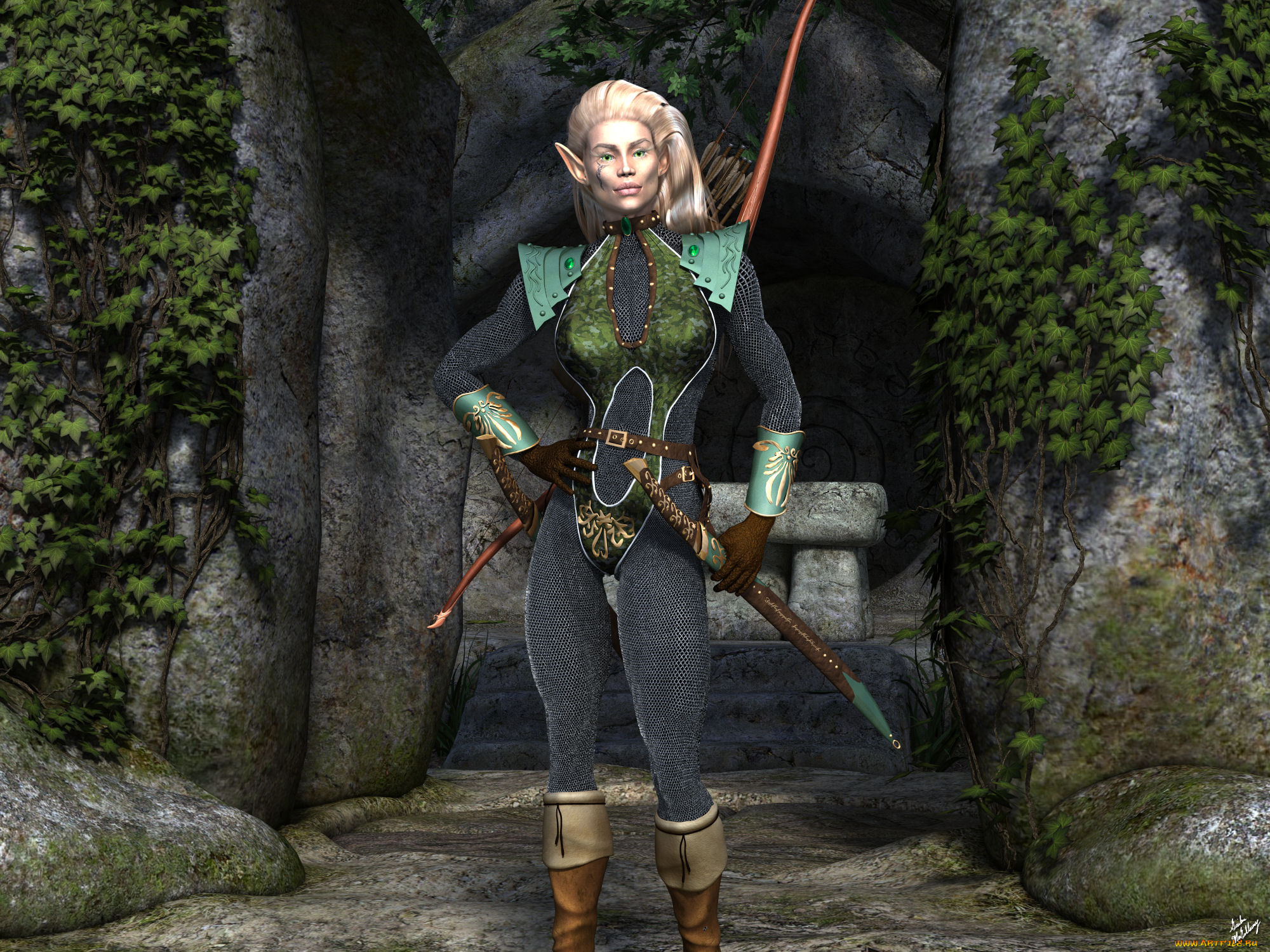 3д, графика, эльфы, , elves, эльфийка, взгляд, фон, оружие