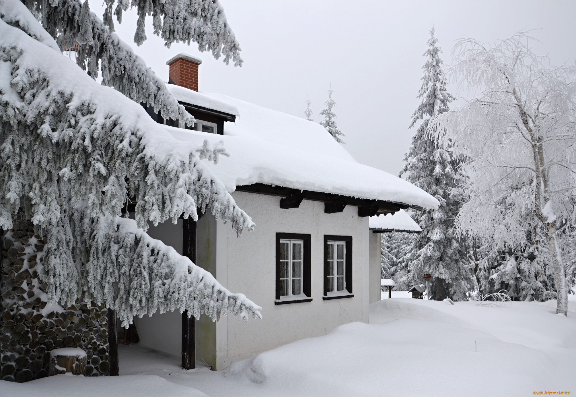 города, -, здания, , дома, лес, деревья, зима, снег, иней, дом