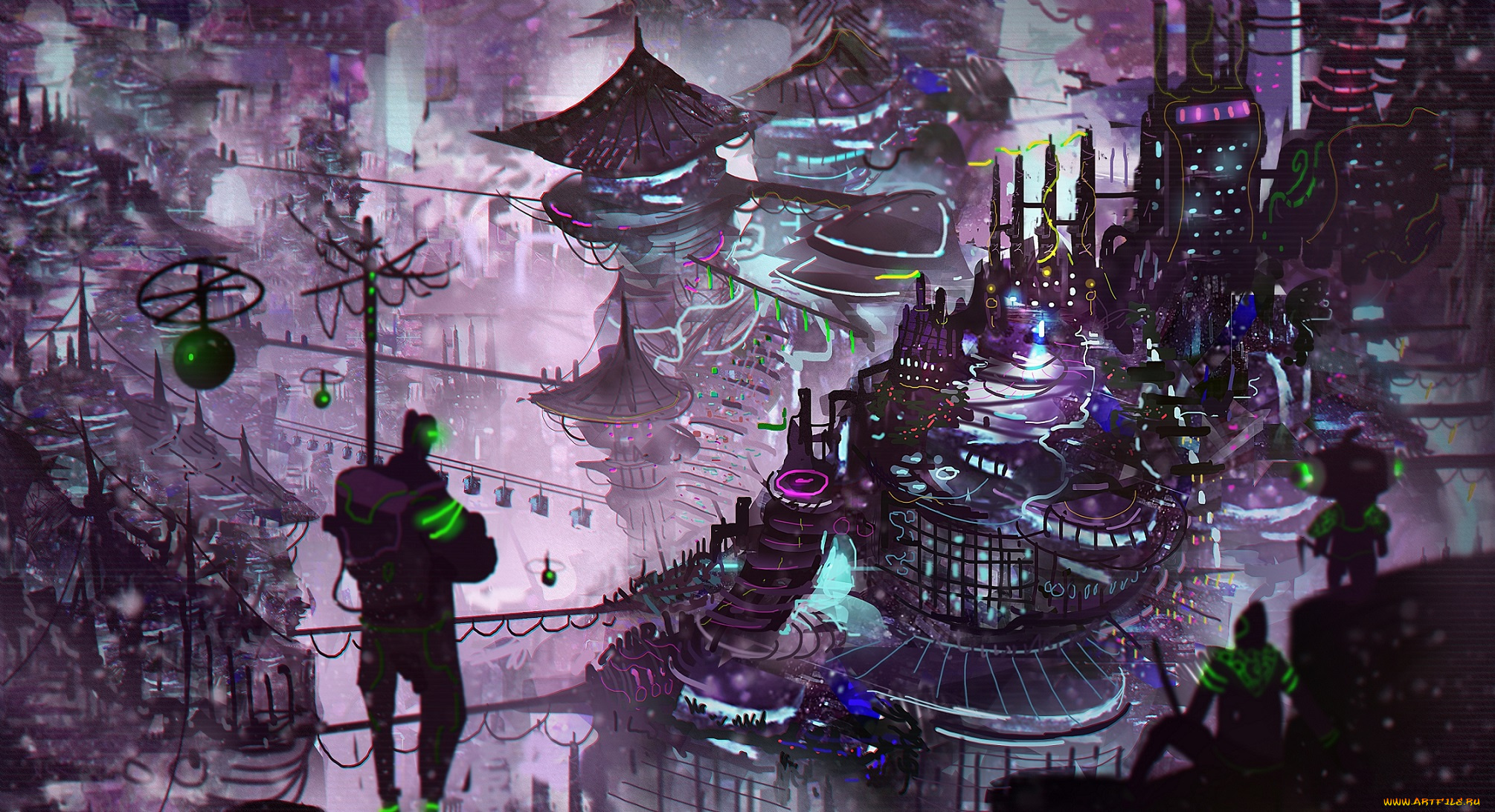 разное, арты, art, свет, город, ночь, фантастика