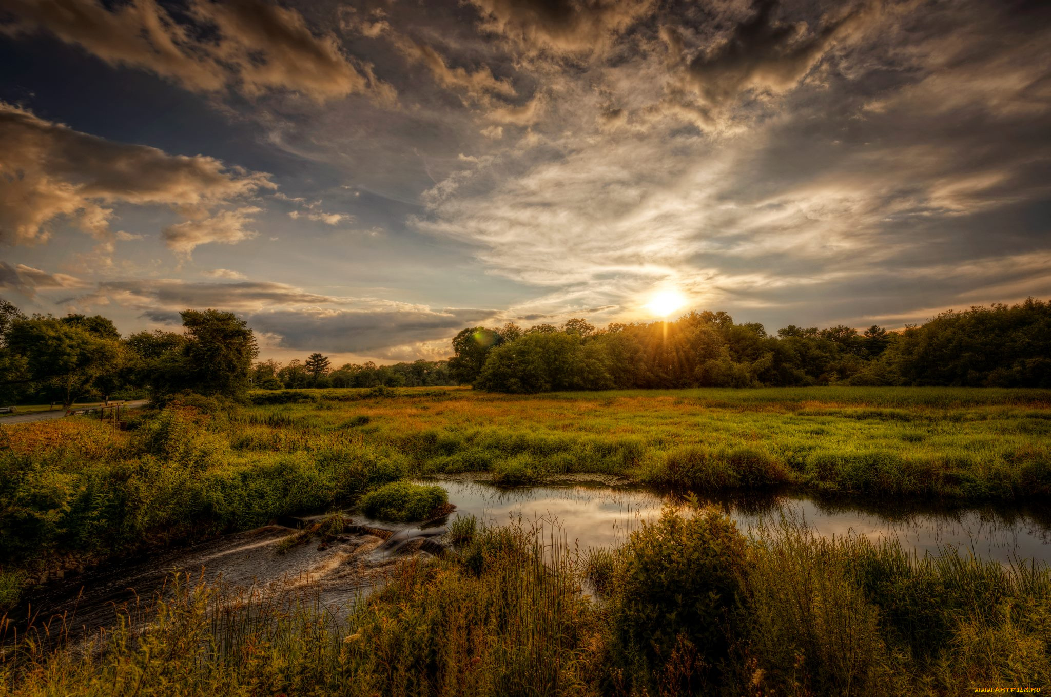 природа, восходы, закаты, речка, лес, облака, солнце