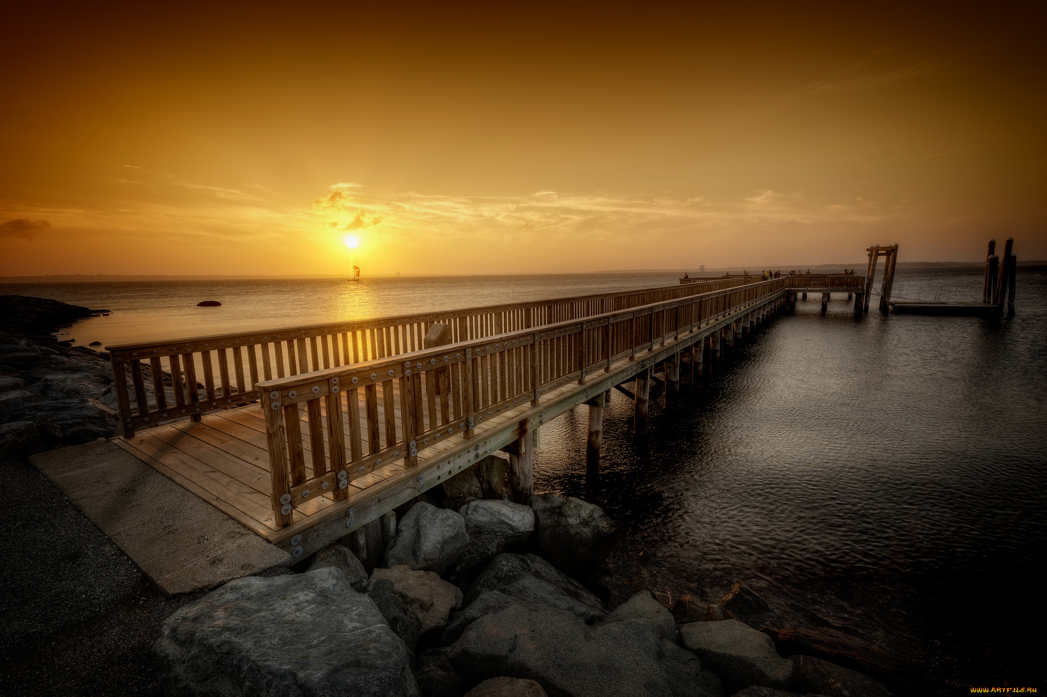 природа, восходы, закаты, океан, берег, горизонт, мостик, заря
