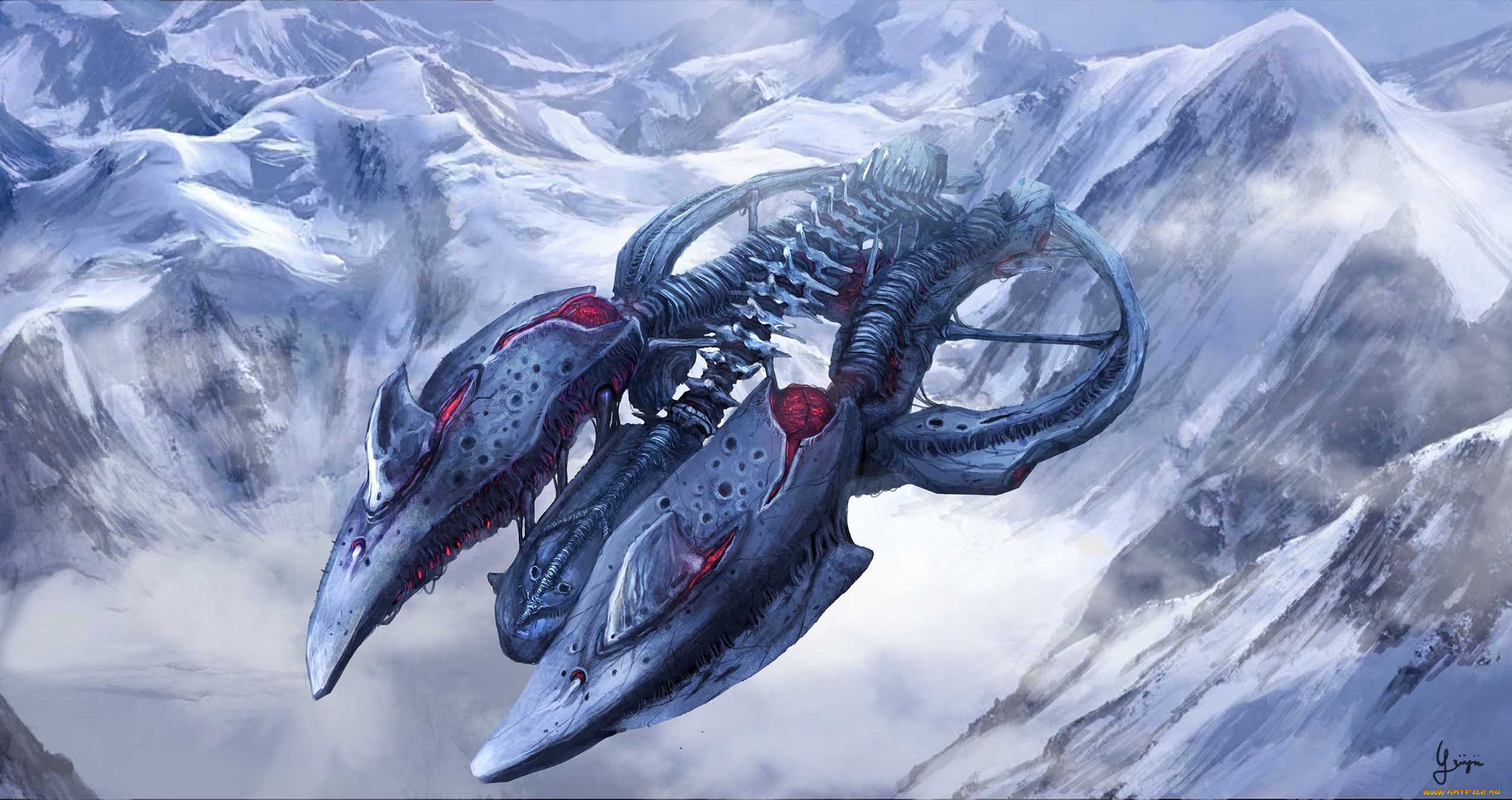 фэнтези, космические, корабли, , звездолеты, , станции, арт, корабль, полет, горы, снег