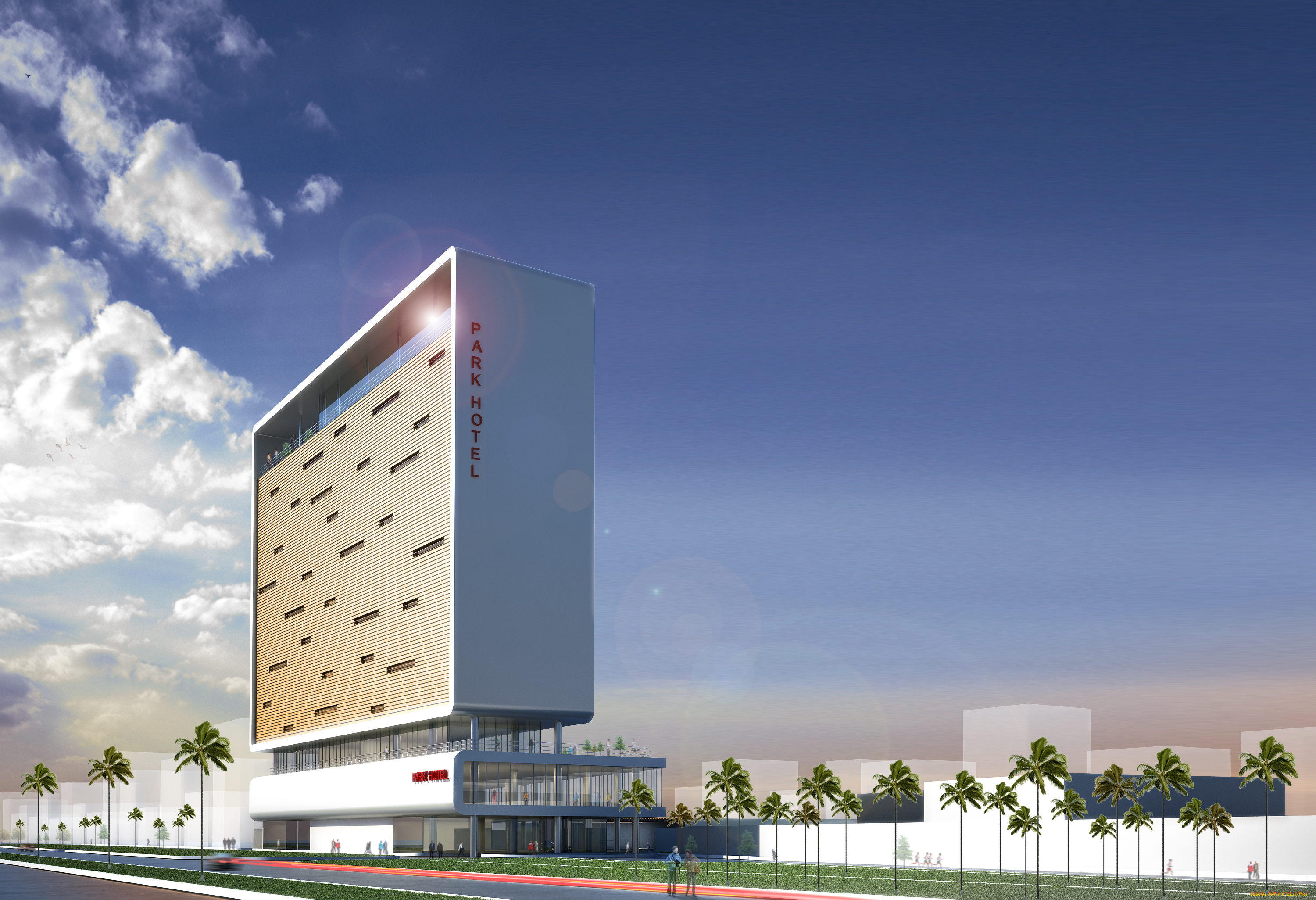 3д, графика, архитектура, , architecture, пальмы, дорога, дом, облака, небо