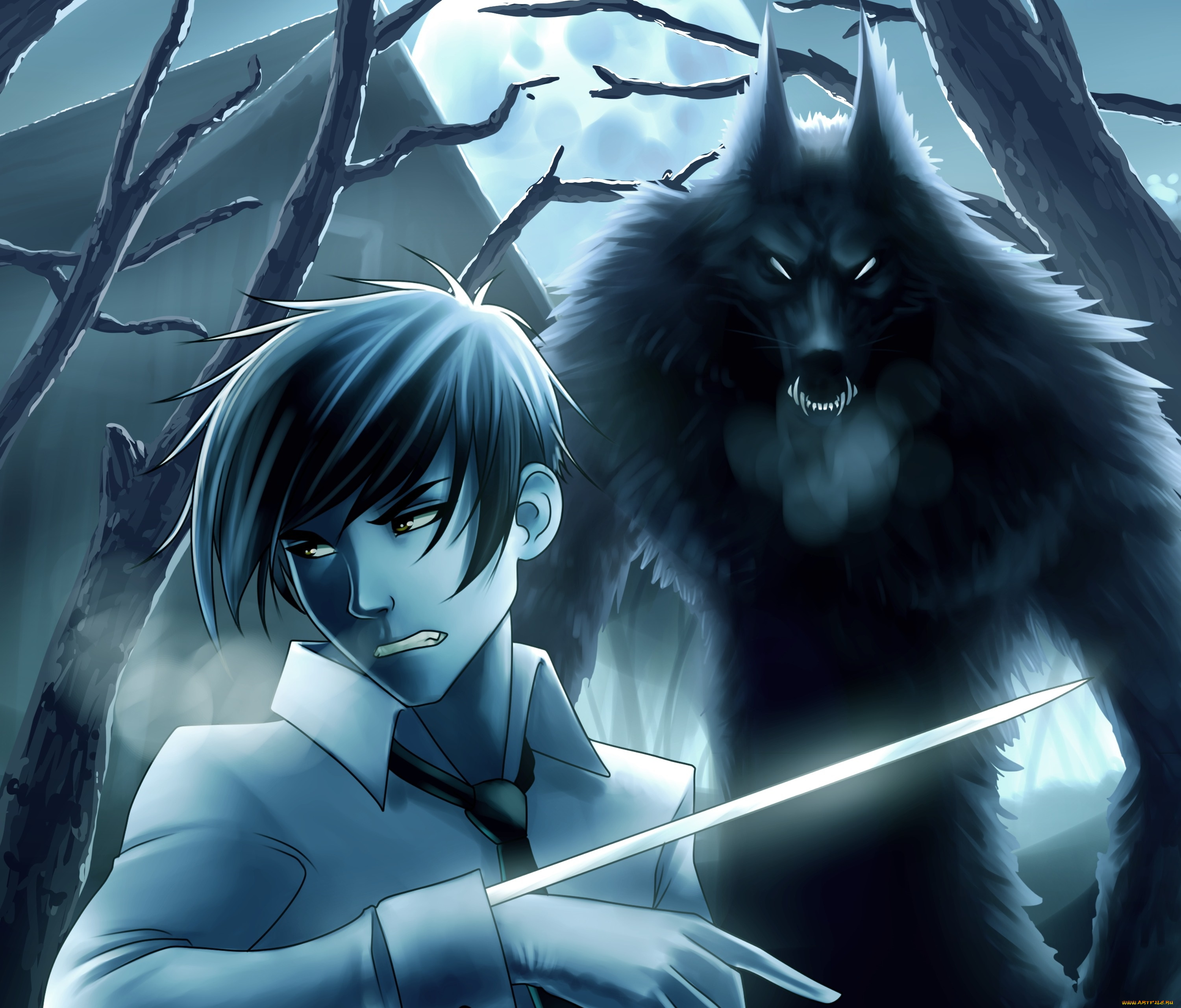 разное, арты, парень, оборотень, ночь, лезвие, клинок, полнолуние, луна, фантастика, волк