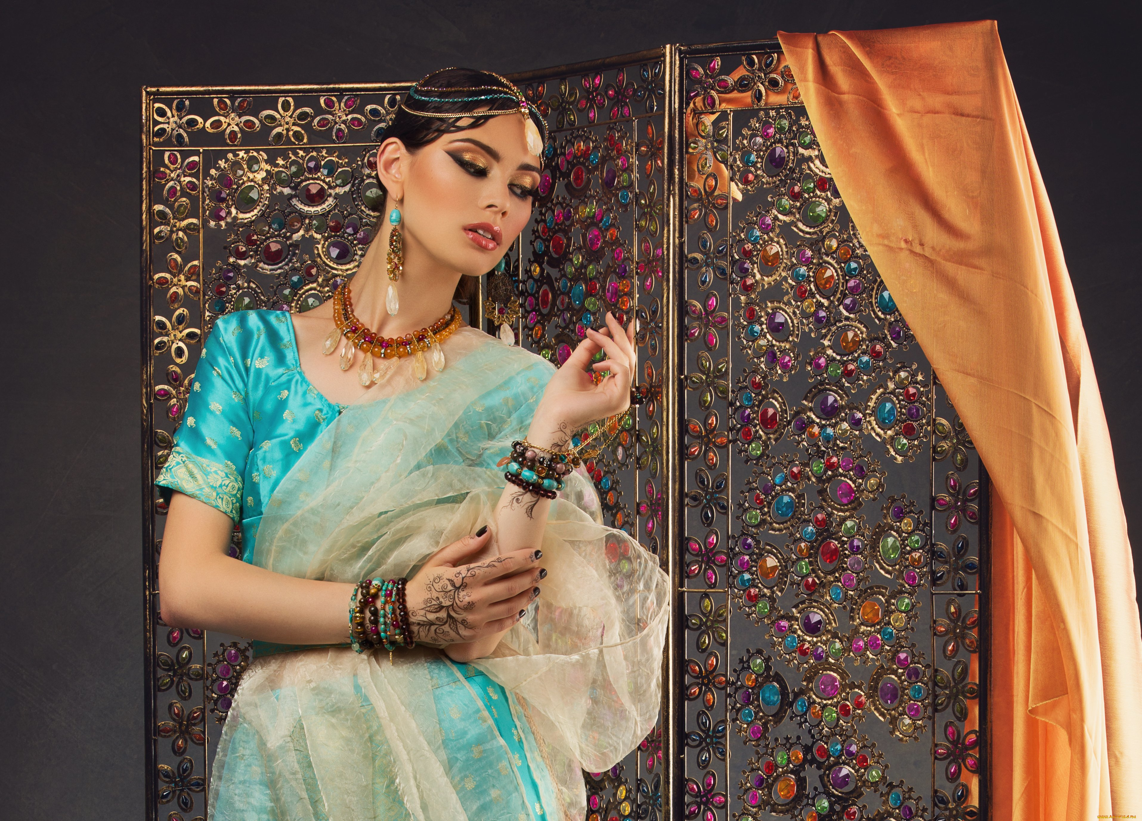 девушки, -unsort, , брюнетки, , шатенки, роспись, менди, руки, серьги, украшения, макияж, индианка, девушка, взгляд