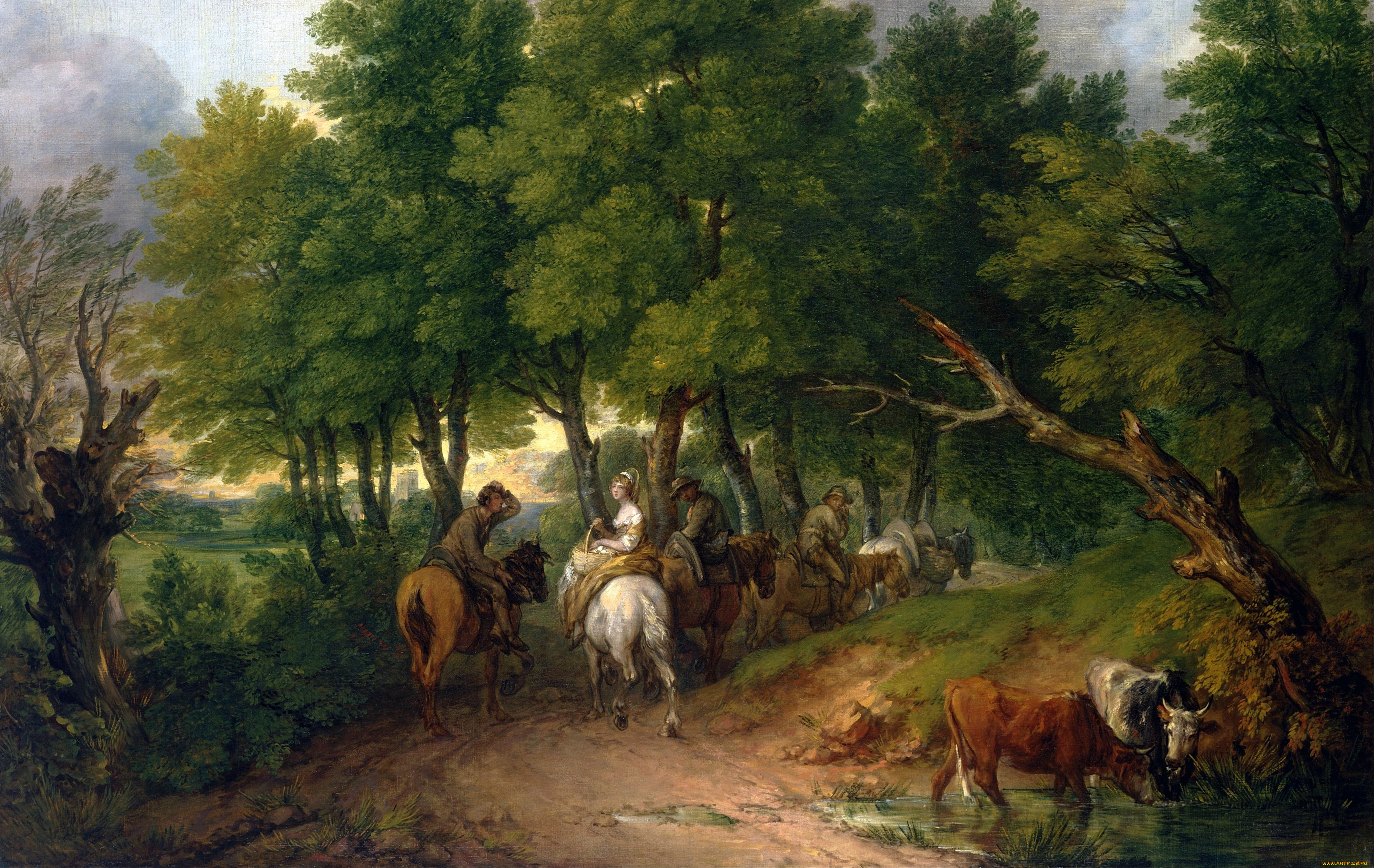 рисованное, живопись, thomas, gainsborough, road, from, market, картина, пейзаж, дорога, деревья, люди, лошади, корова