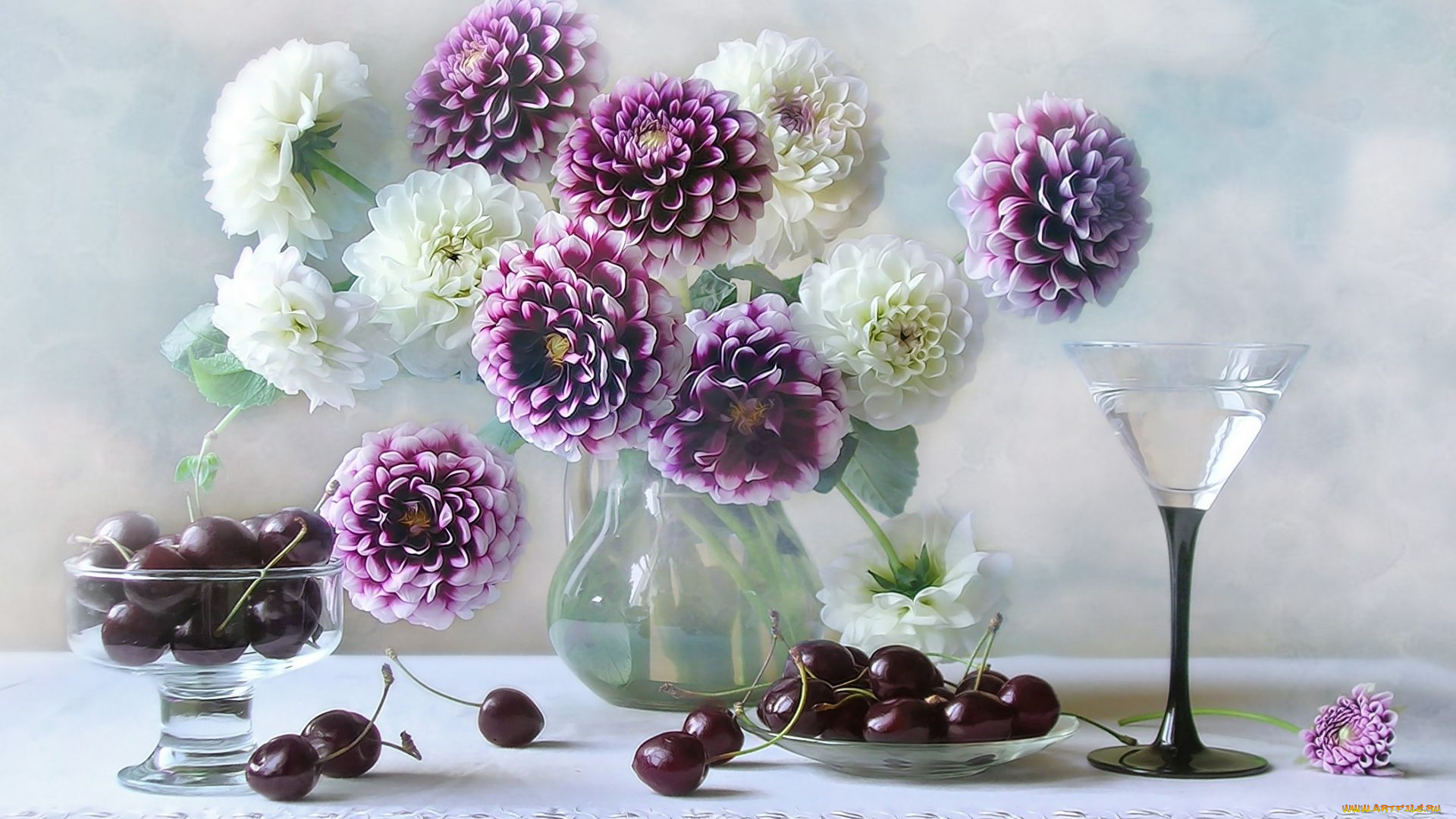 еда, вишня, , черешня, бокал, черешня, георгины