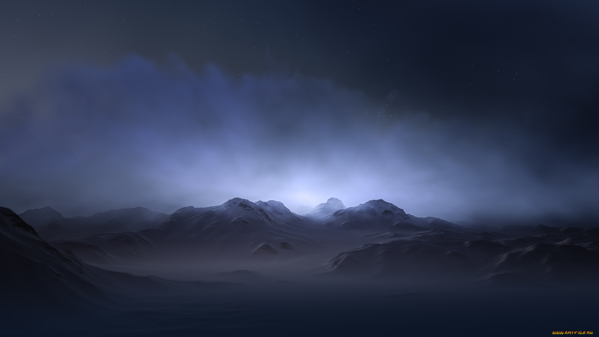 природа, горы, пелена, mountains, fog, hasse, froom, glow, mist, свечение, фон, peaks, terrain, вершины, огни, заставка, дымка, сияние, rendering, пики, background, снег, haze, точки, snow