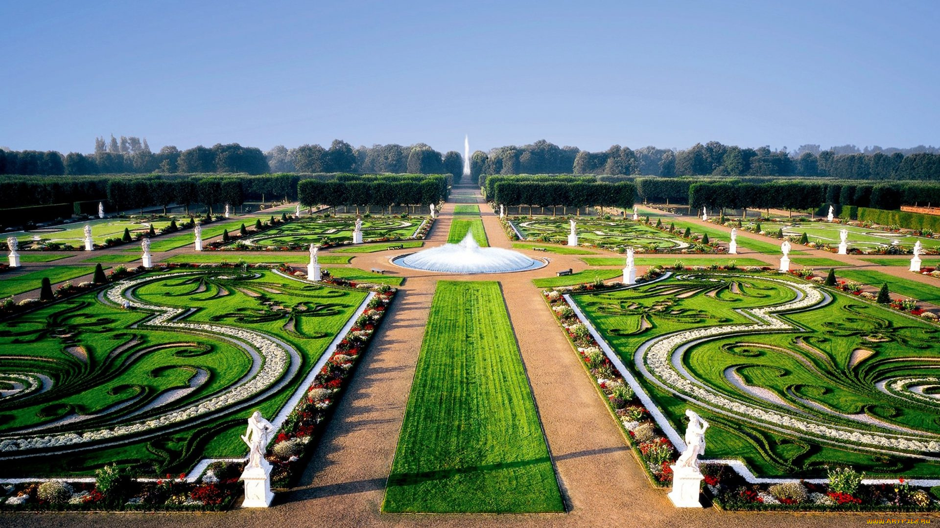 природа, парк, фонтан, скульптуры, клумбы, аллеи, дизайн, ландшафтный