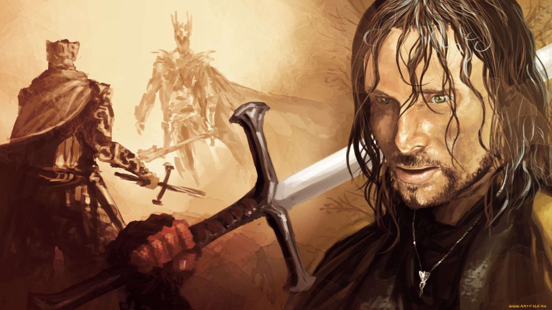 рисованное, кино, фон, мужчина, меч, взгляд