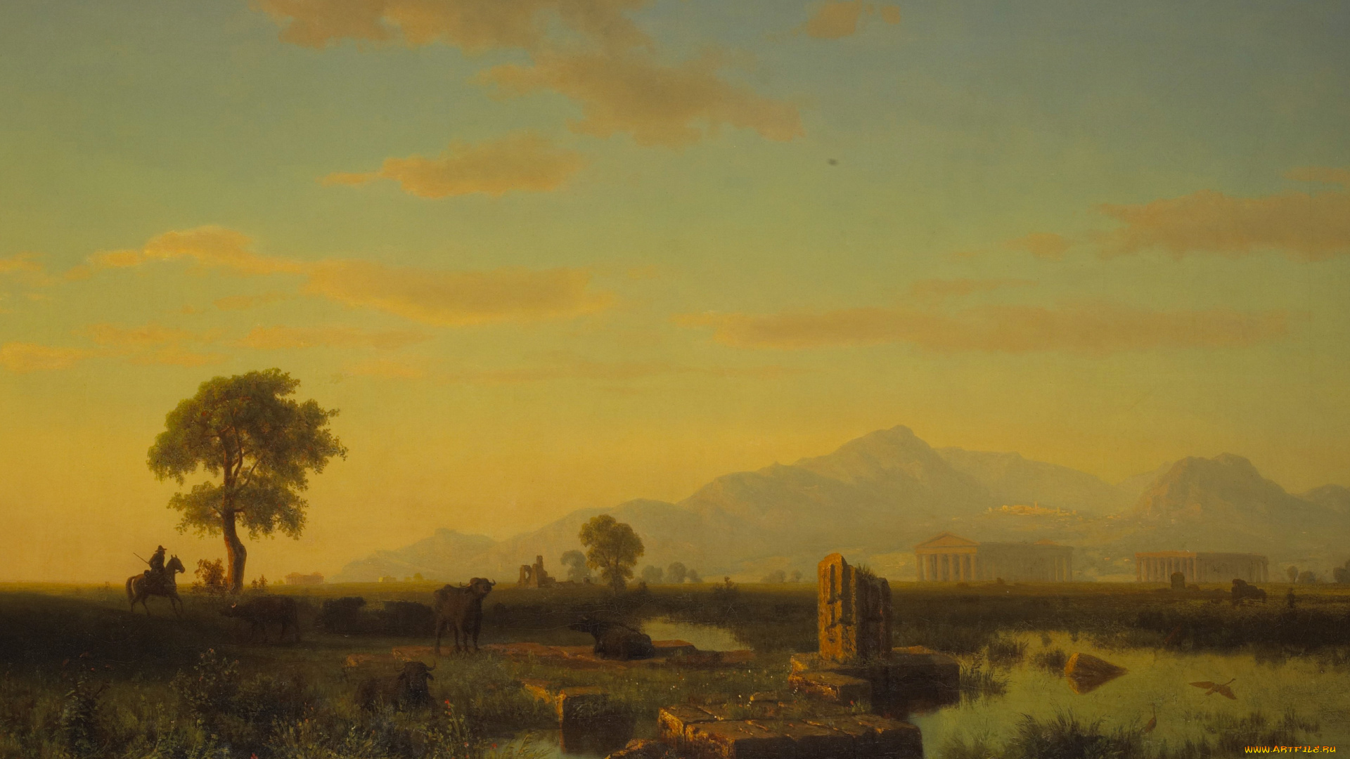 рисованное, живопись, пейзаж, альберт, бирштадт, руины, пестуме, картина