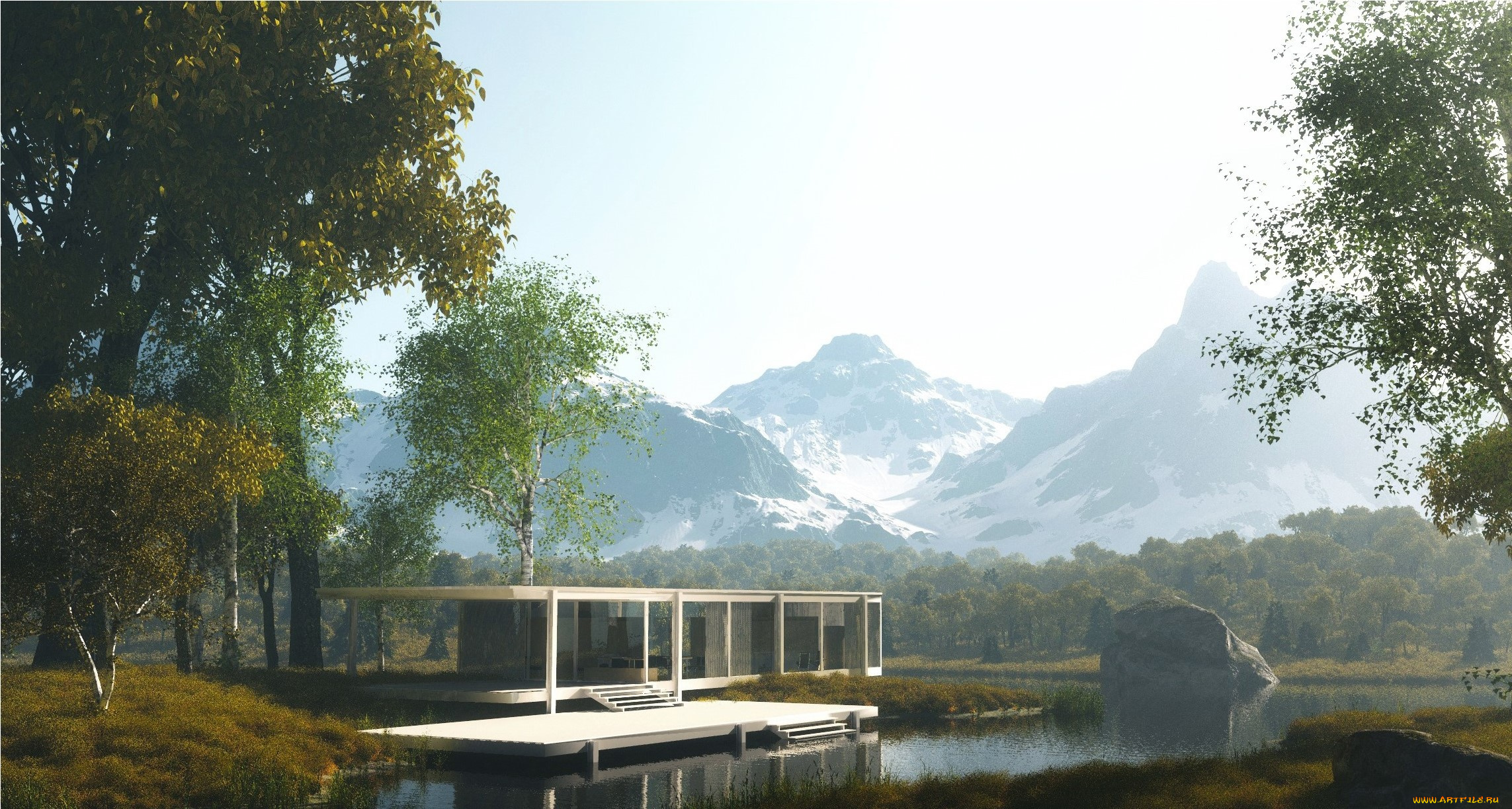 3д, графика, природа, , nature, река, горы