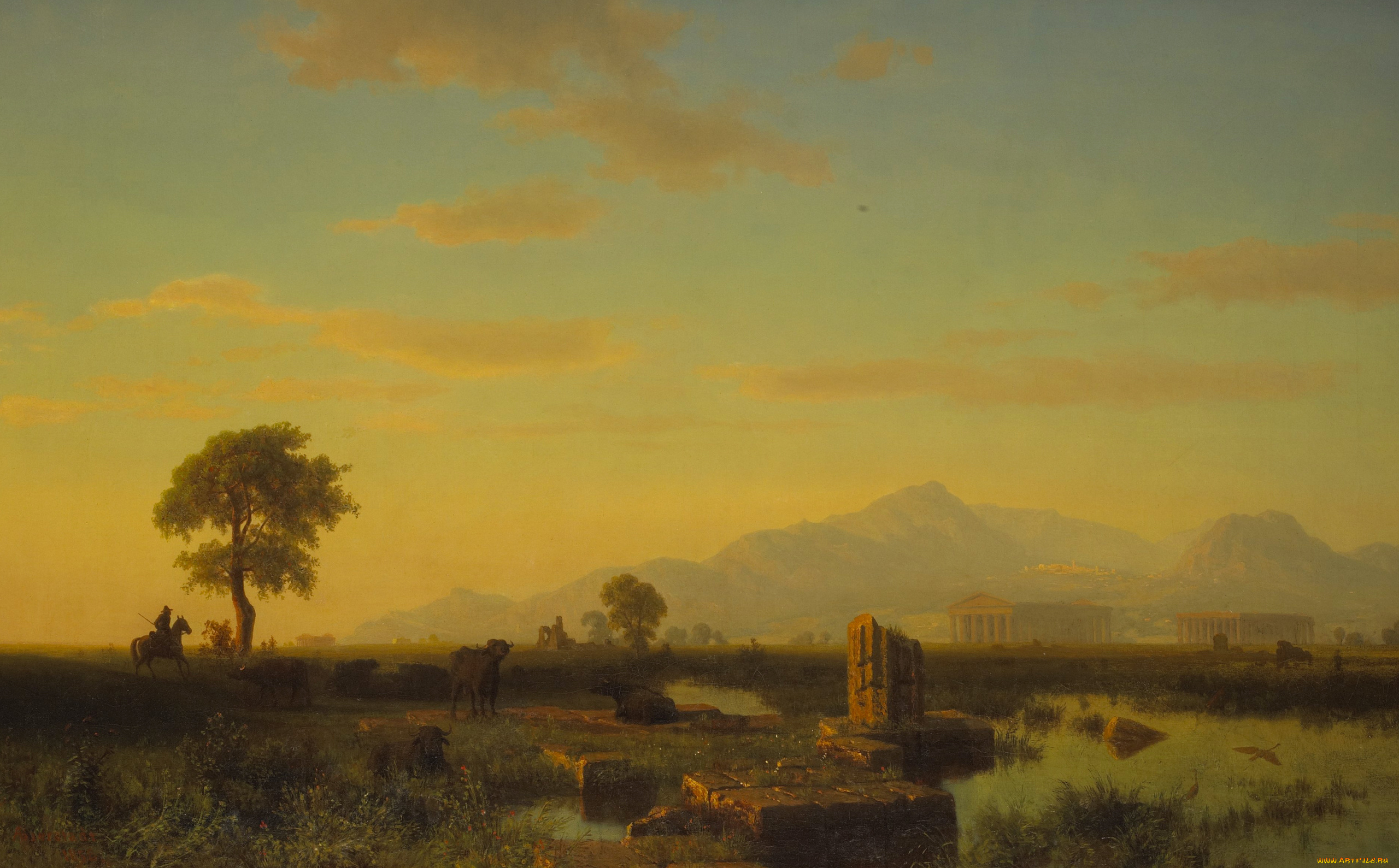 рисованное, живопись, пейзаж, альберт, бирштадт, руины, пестуме, картина