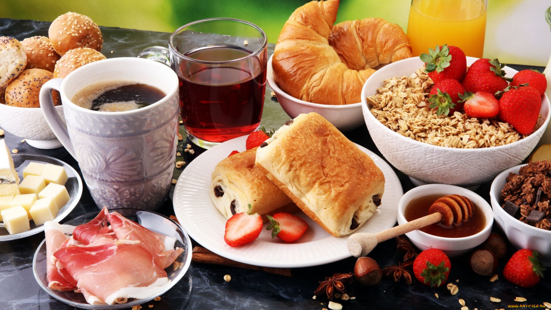 еда, разное, ветчина, булочки, мюсли, завтрак
