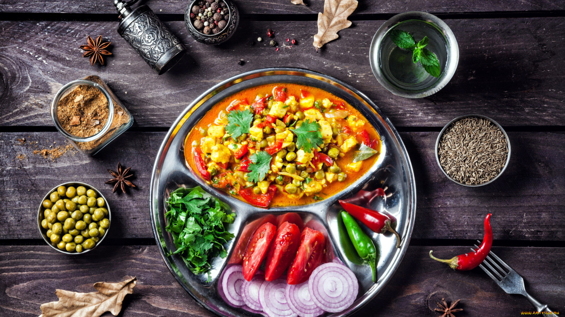 еда, вторые, блюда, индийская, специи, кухня, рагу, томаты, перец, зелень, горох, помидоры