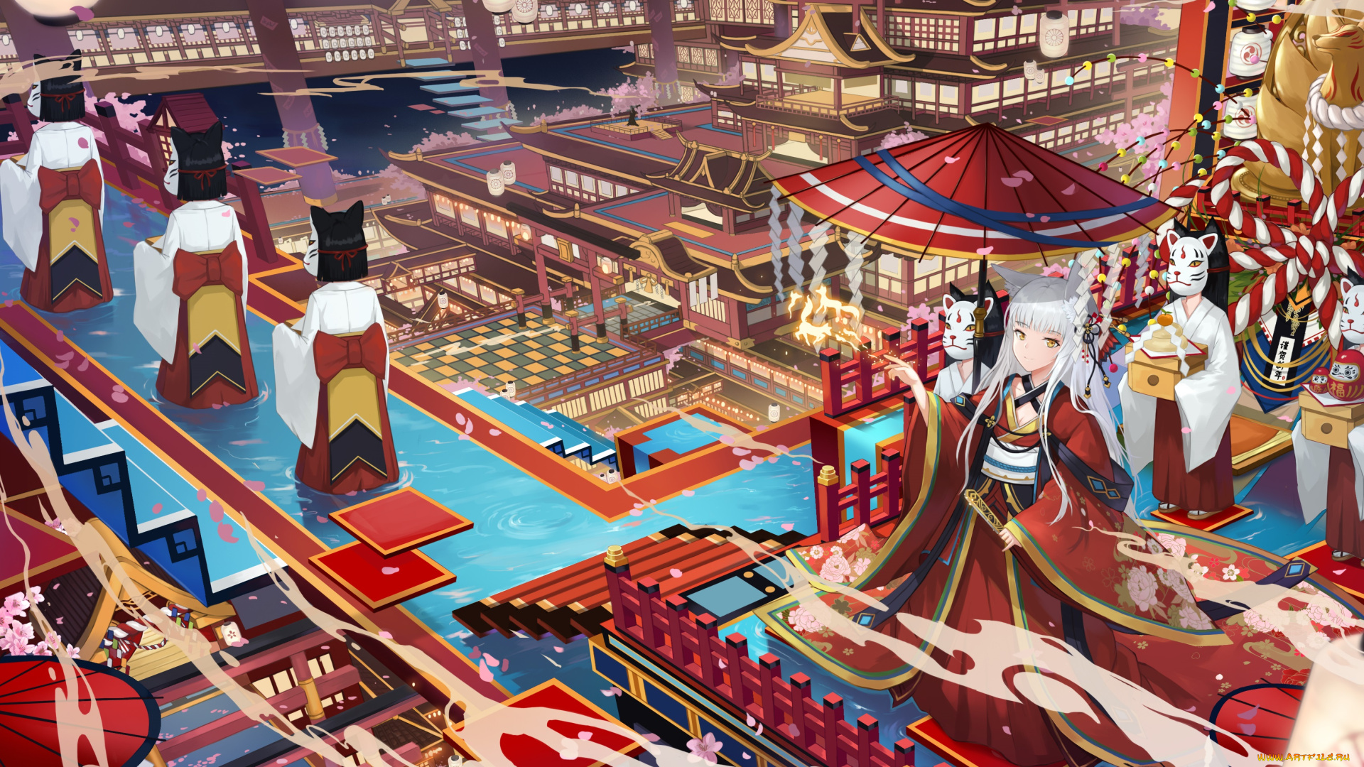 аниме, город, , улицы, , интерьер, , здания, девушки, маски