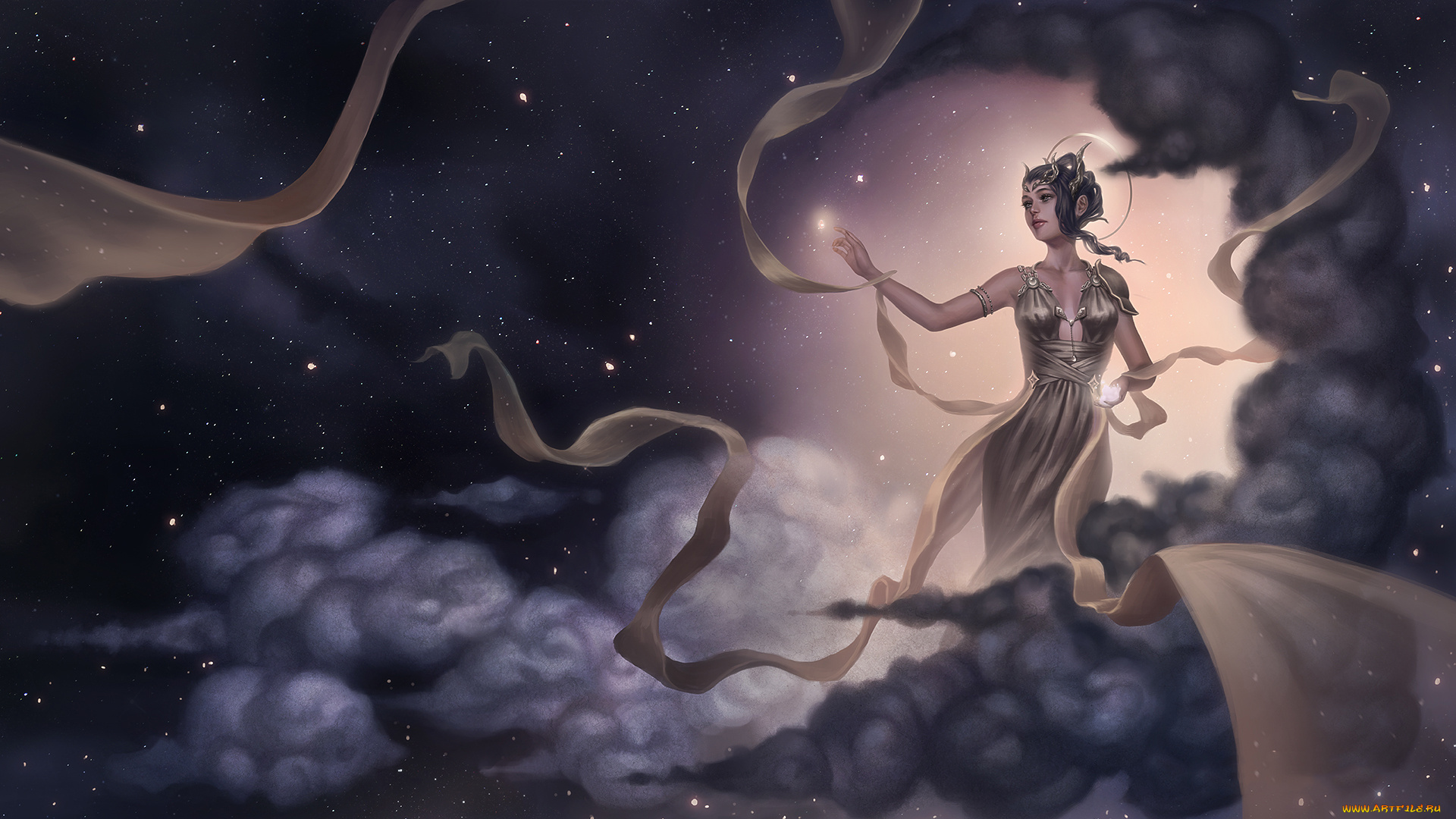 фэнтези, ангелы, туча, нимб, фон, девушка, облако