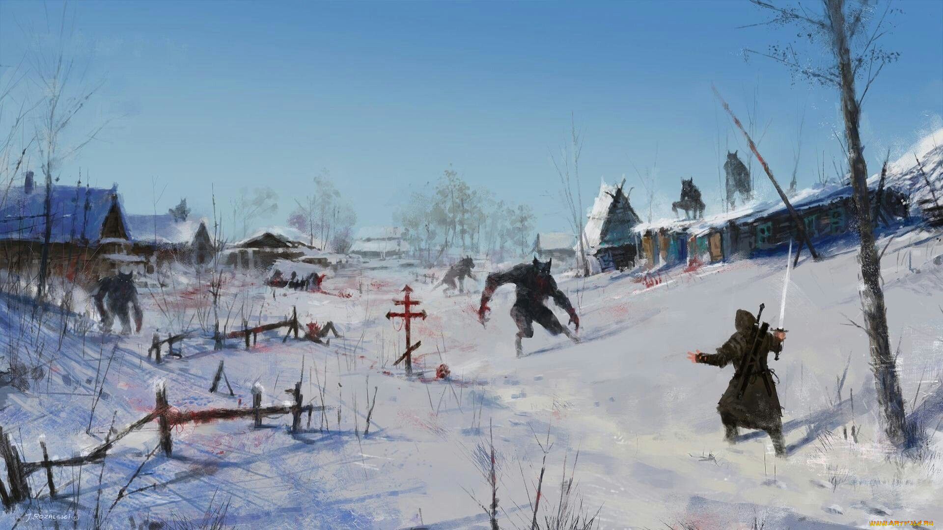 видео, игры, the, witcher, 3, , wild, hunt, ведьмак, кровь, оборотни, снег, зима, деревня