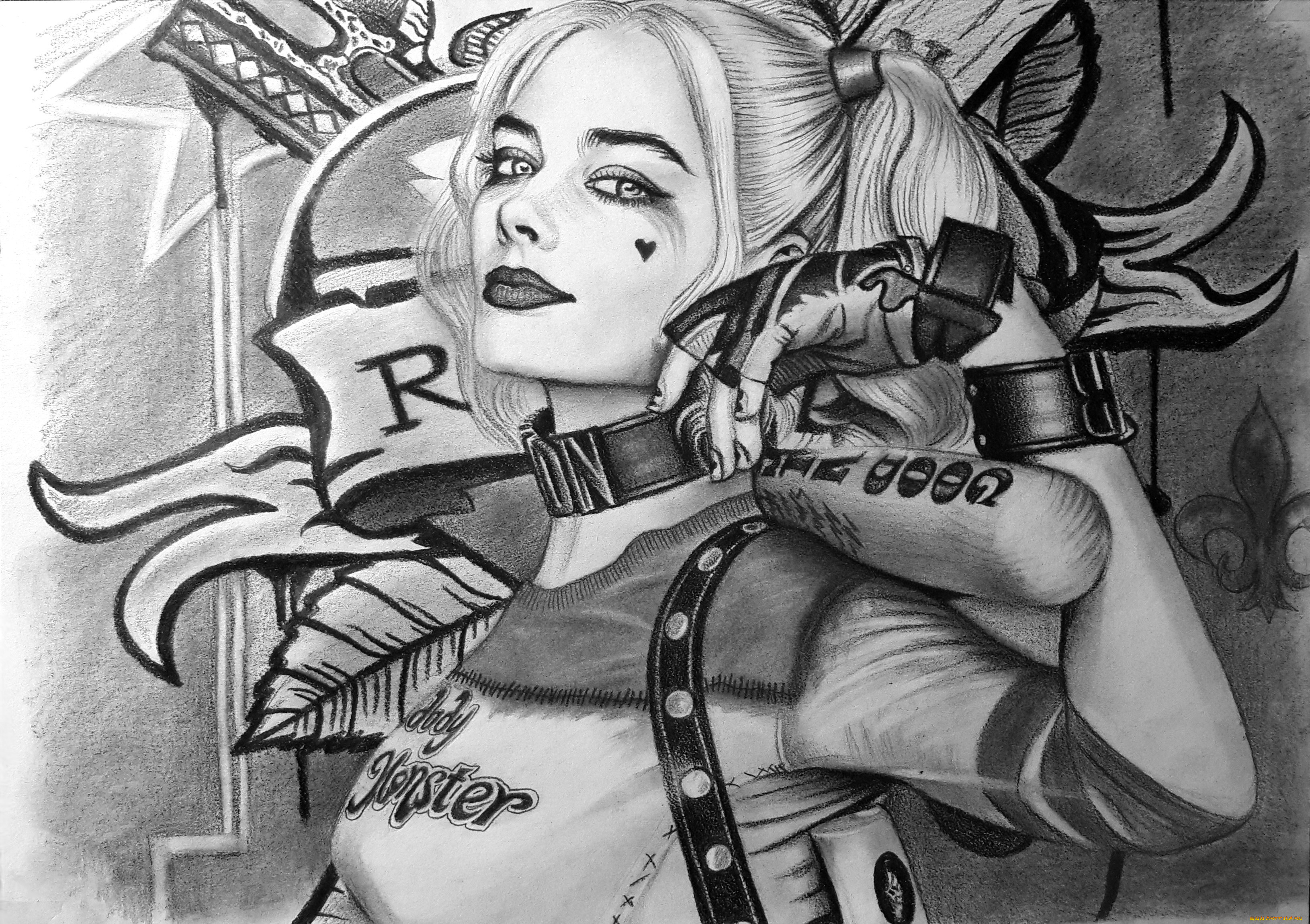 рисованное, комиксы, бита, взгляд, фон, девушка, тату