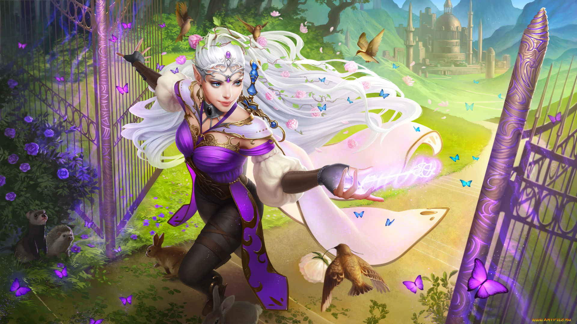фэнтези, эльфы, девушка, фон, животные