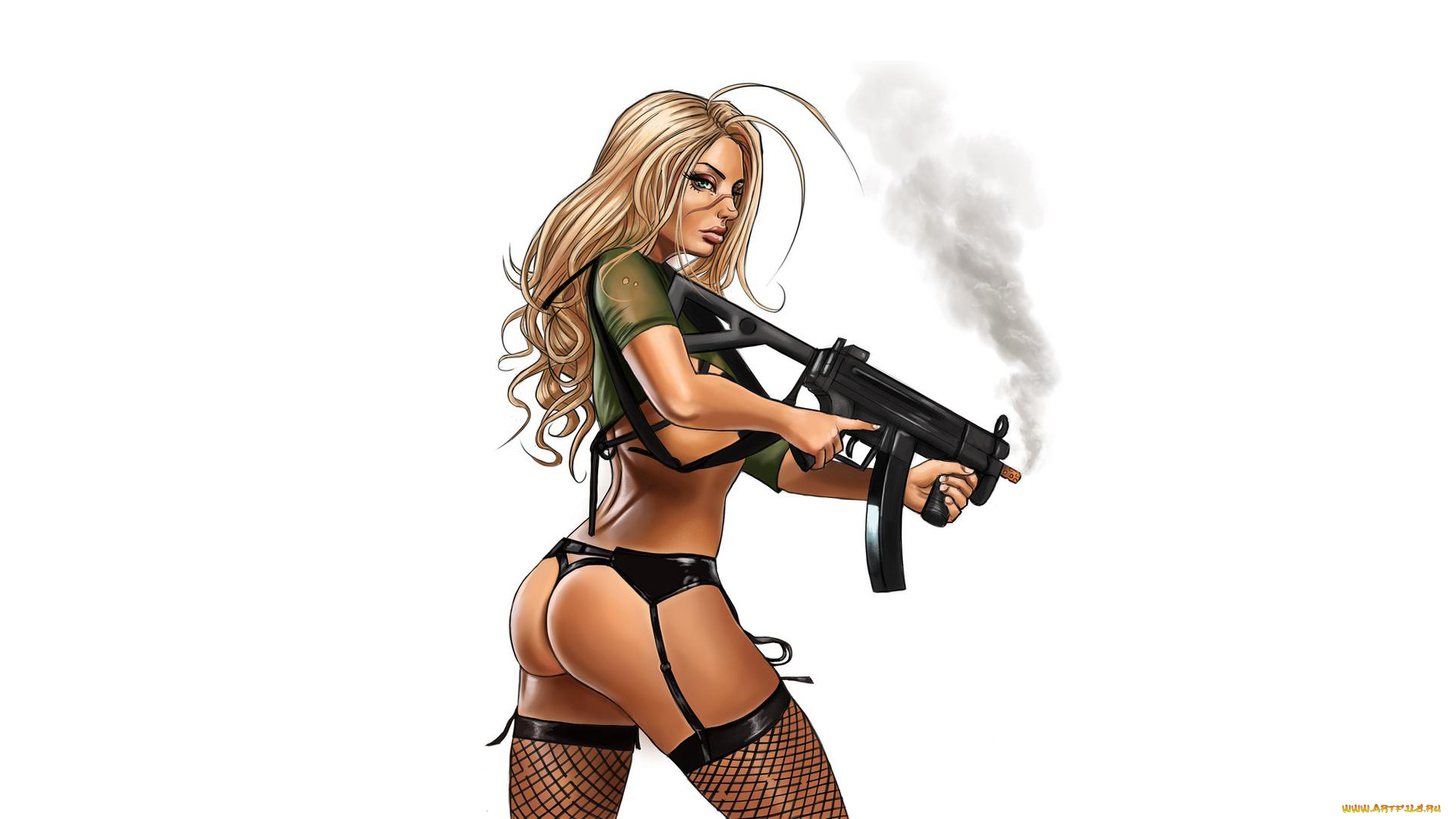 рисованное, люди, девушка, фон, взгляд, автомат, чулки, levi, hinton