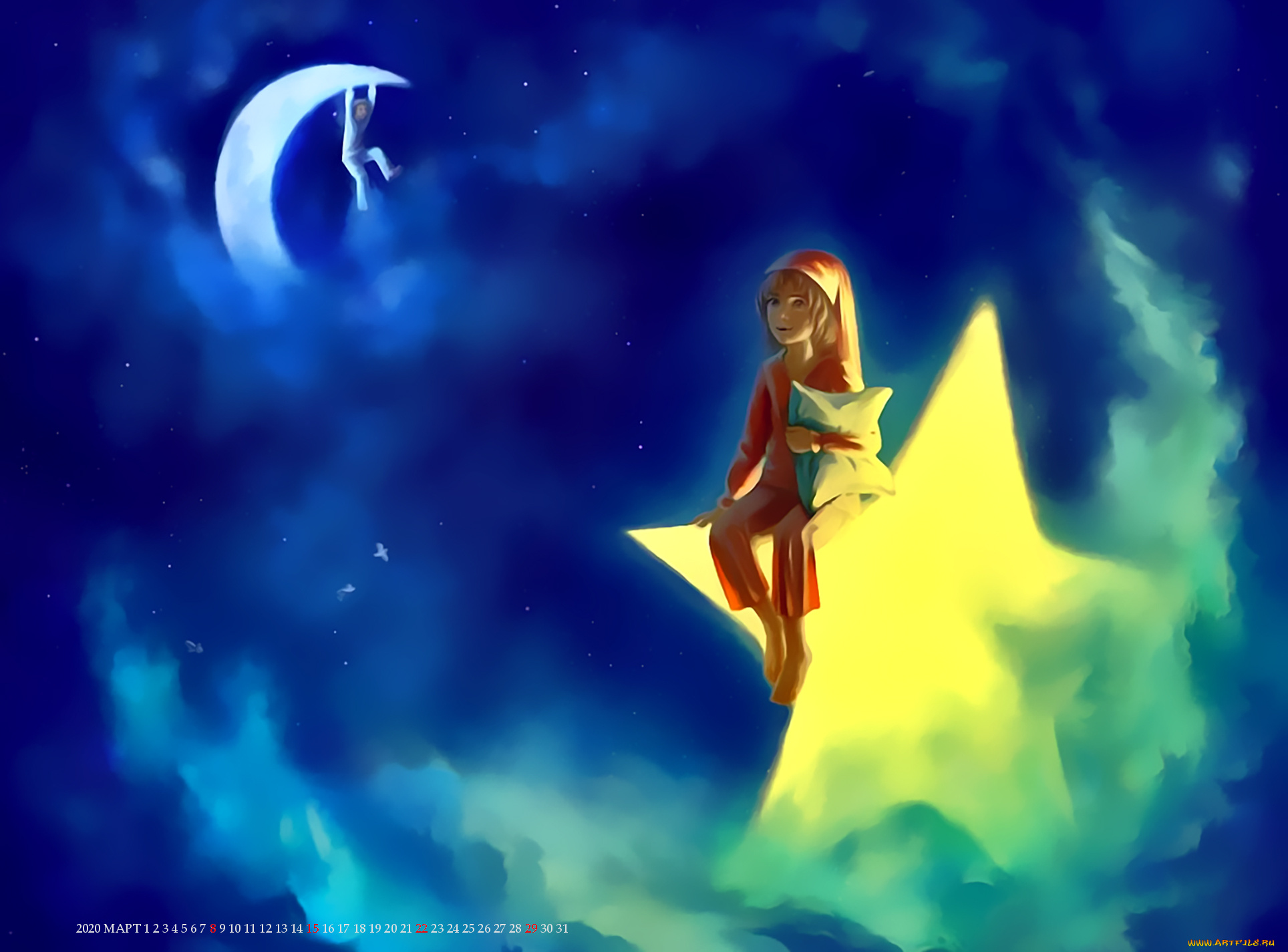 календари, фэнтези, звезда, луна, ребенок, подушка, calendar, 2020