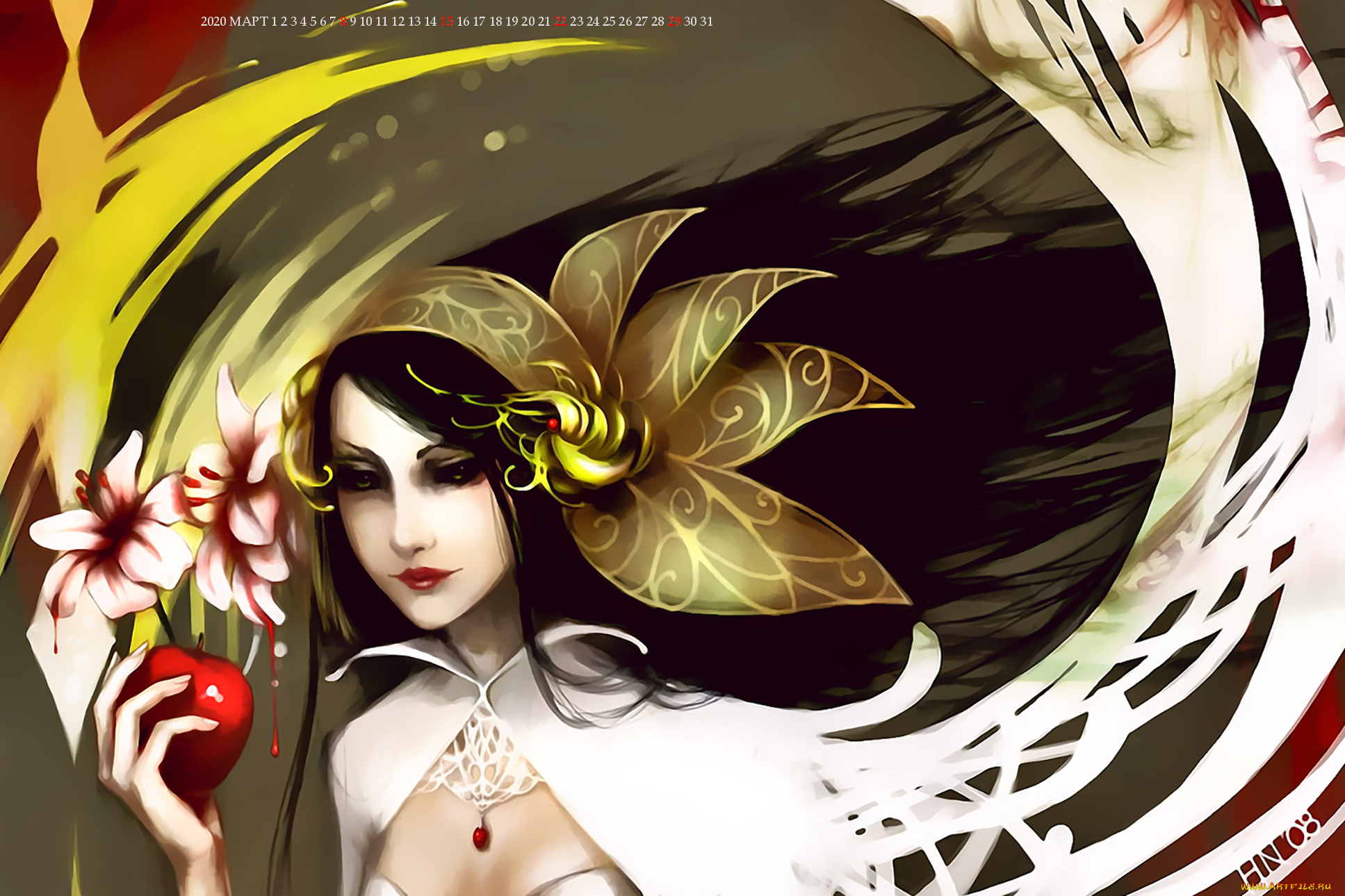 календари, фэнтези, девушка, яблоко, цветы, фрукт, calendar, 2020