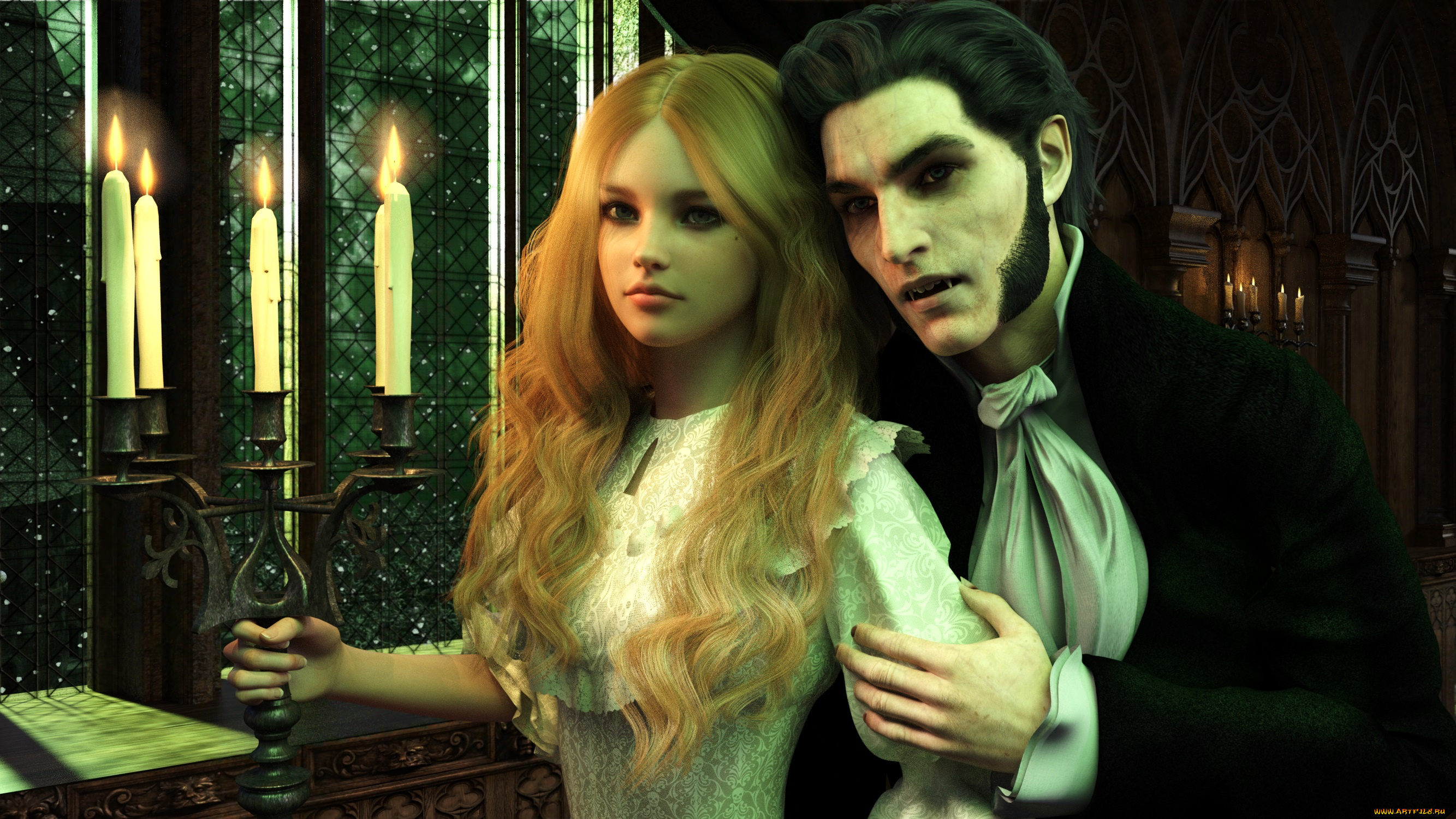 3д, графика, ужас, , horror, девушка, мужчина, фон, свеча