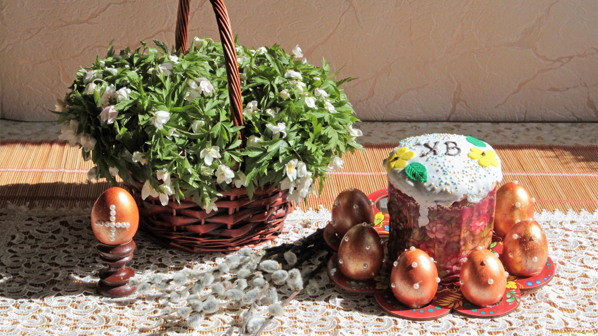праздничные, пасха, корзина, цветы, яйца, кулич