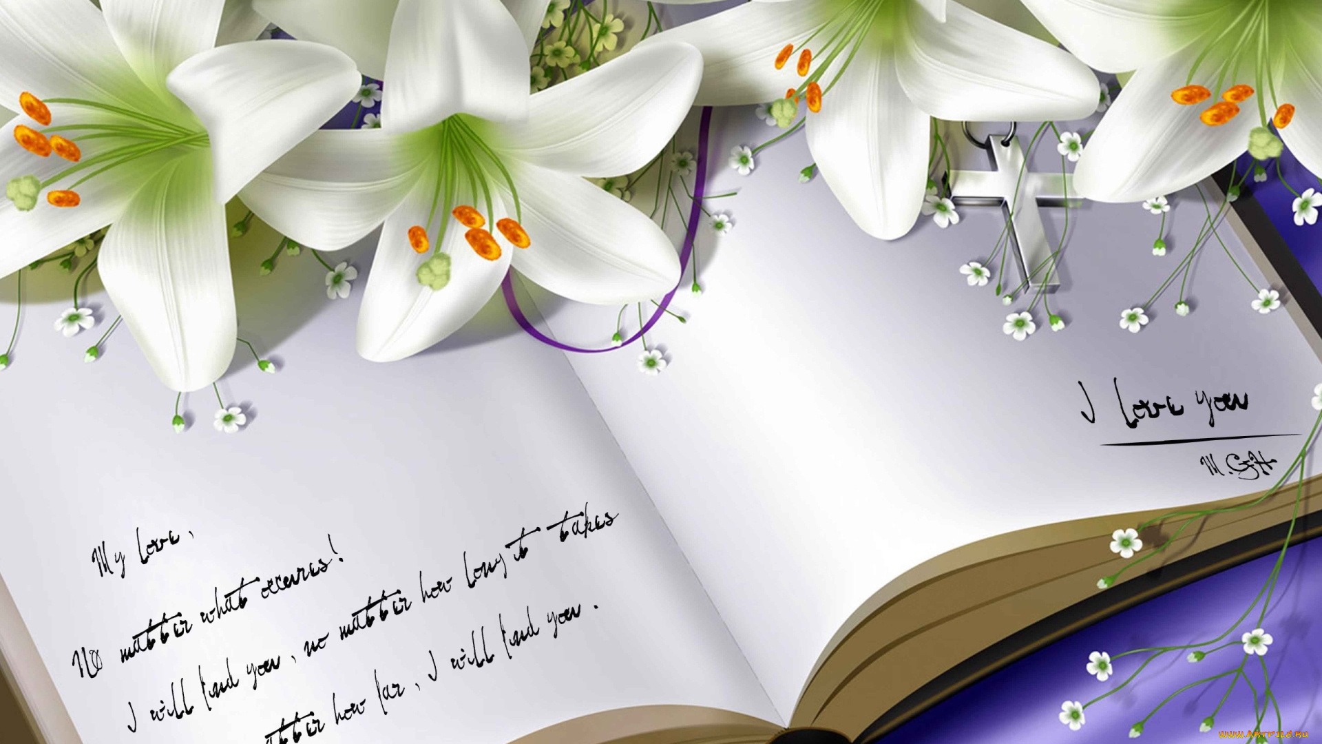 рисованное, цветы, лилии, крест, книга