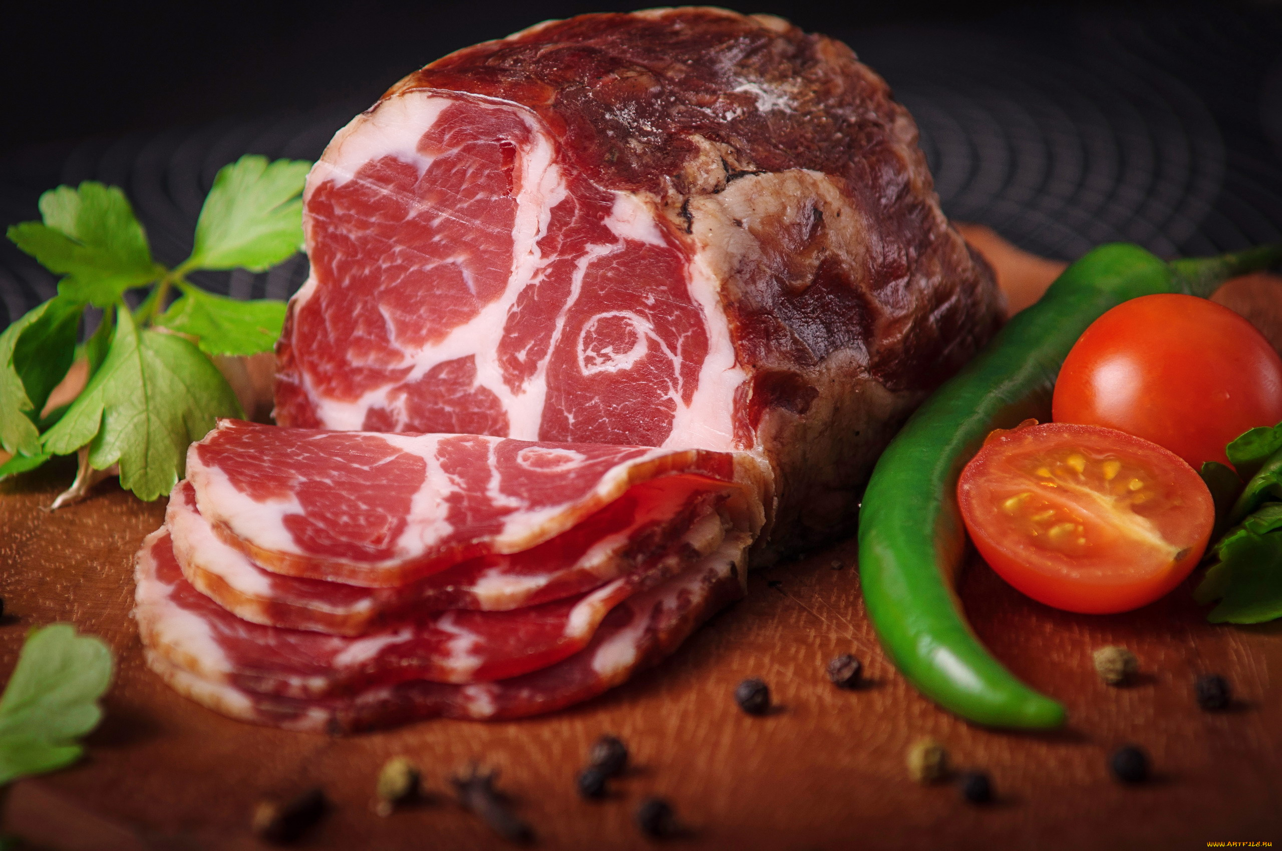 еда, мясные, блюда, перец, помидор, копченое, мясо