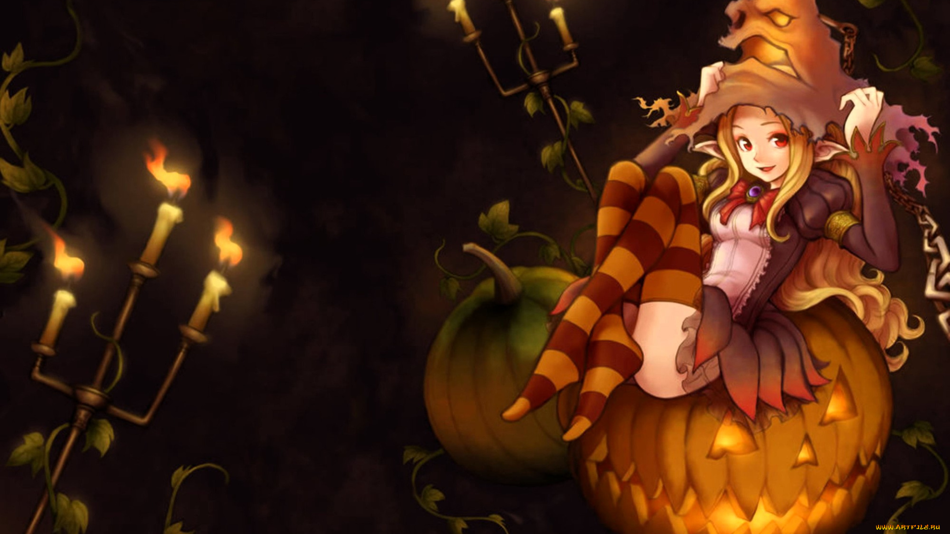 аниме, магия, , колдовство, , halloween, девочка, эльф, шляпа, тыквы, свечи
