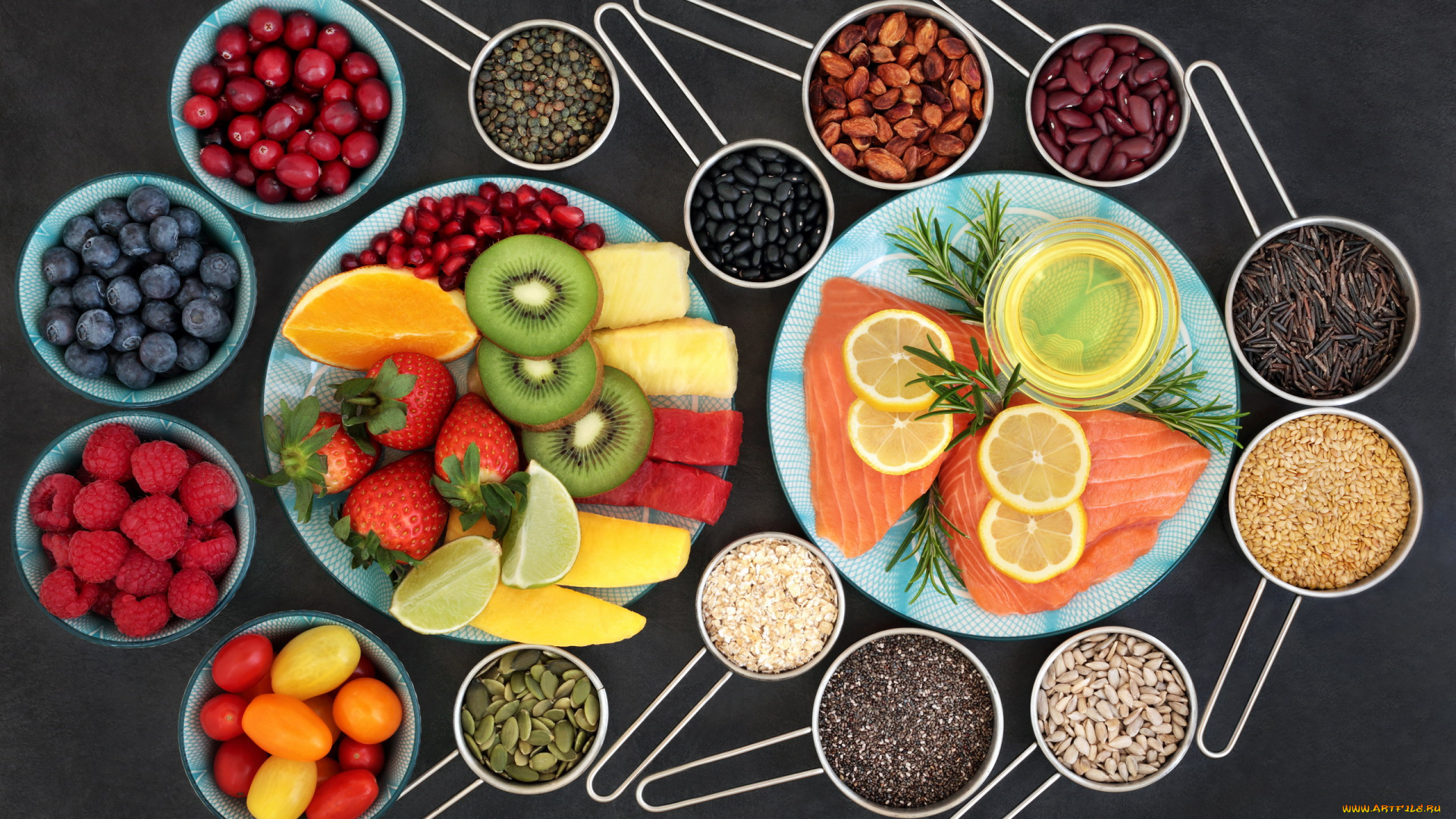 еда, разное, рыба, лимон, киви, клубника, малина, семечки