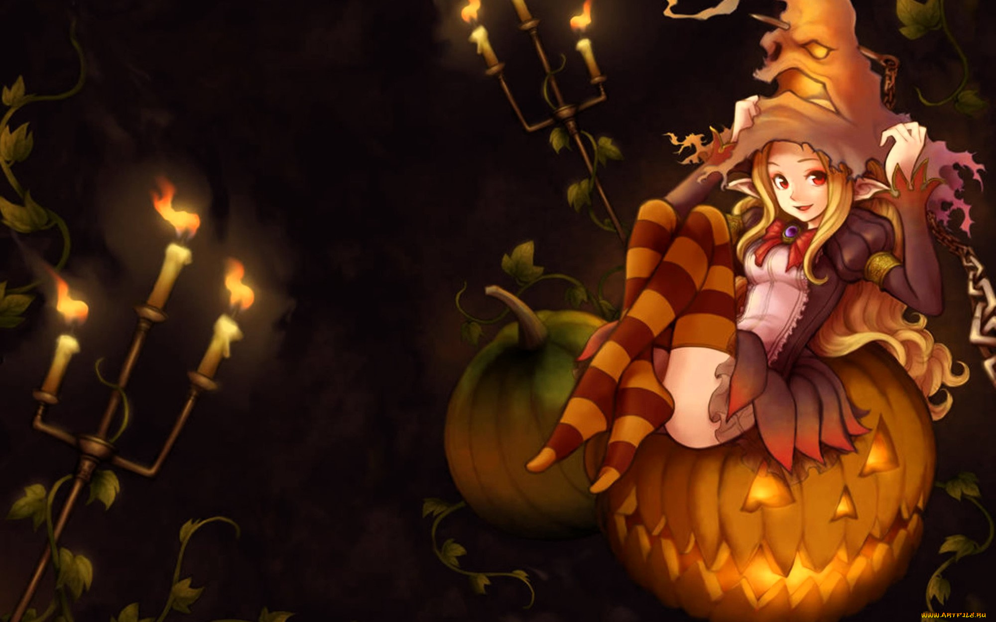 аниме, магия, , колдовство, , halloween, девочка, эльф, шляпа, тыквы, свечи