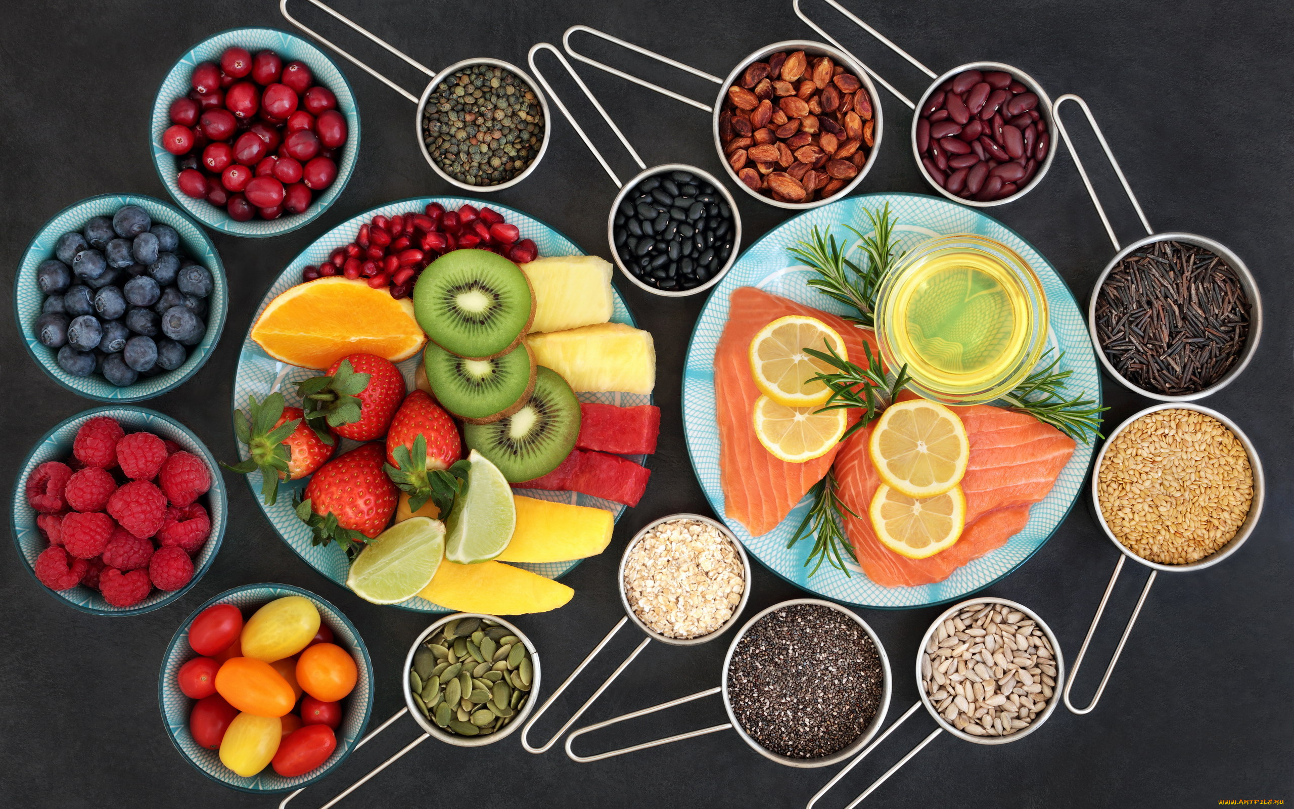 еда, разное, рыба, лимон, киви, клубника, малина, семечки