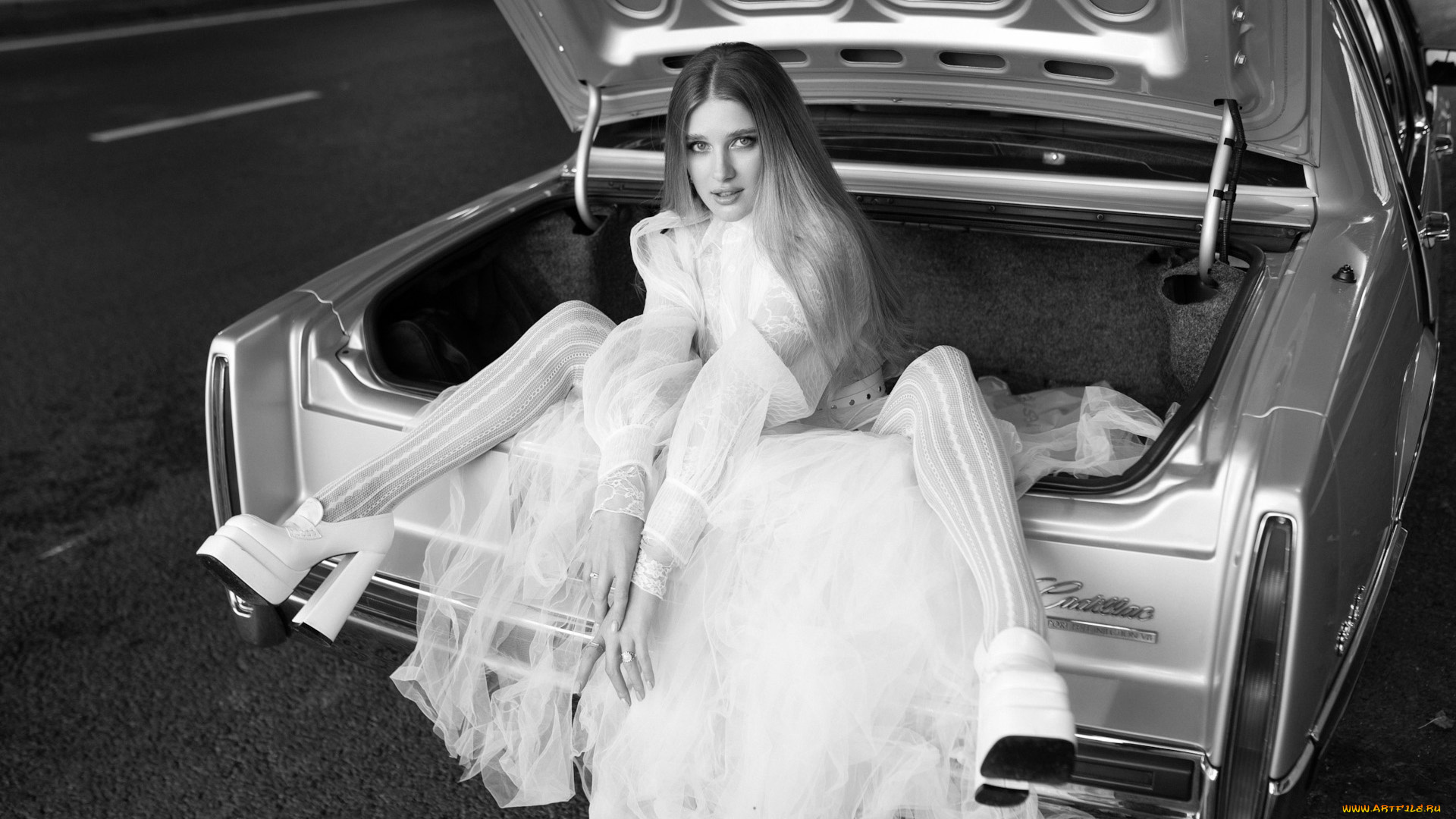 девушки, -, черно-белые, красивая, девушка, cadillac, de, ville