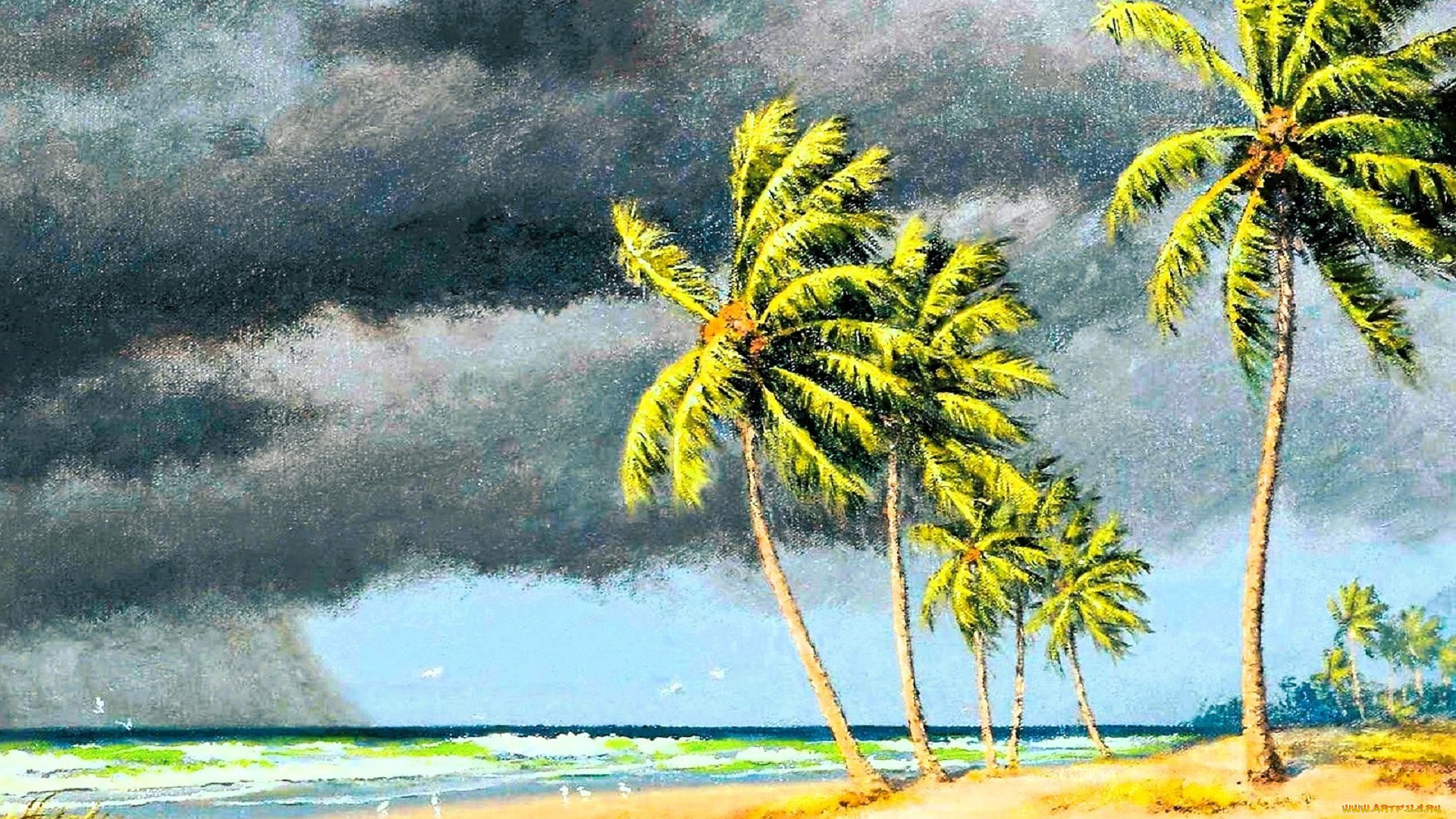 рисованное, albert, ernest, backus, пальмы, тучи, море, берег, ветер