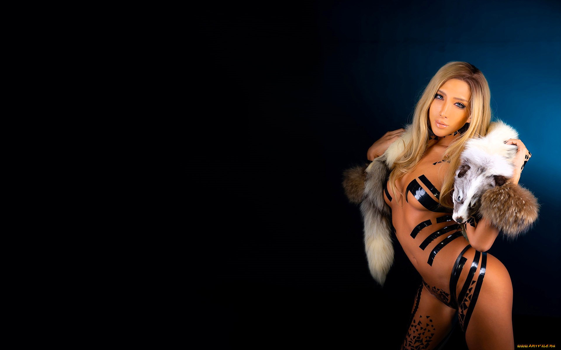 девушки, nonsummerjack, блондинка, лента, узор, мех, песец