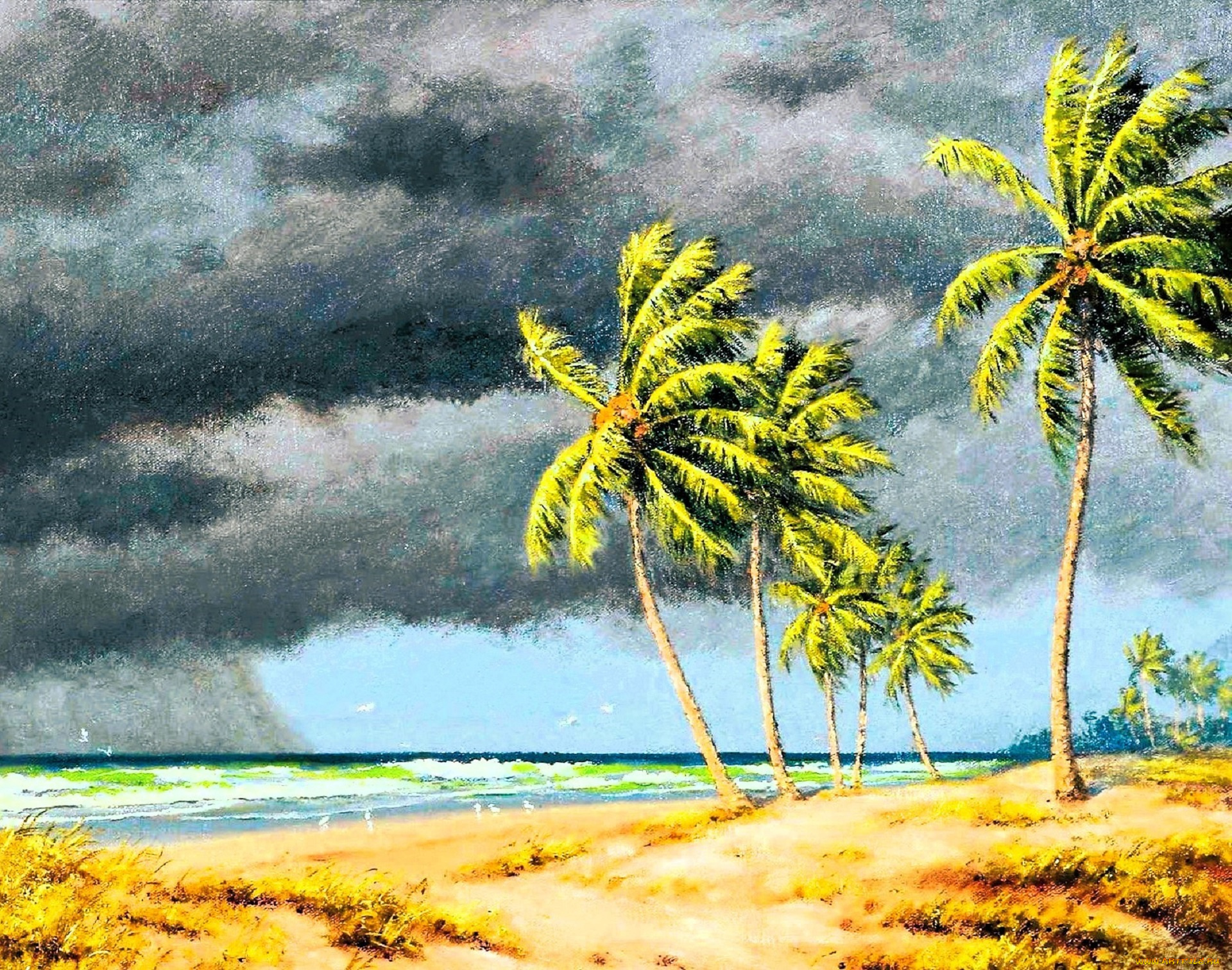 рисованное, albert, ernest, backus, пальмы, тучи, море, берег, ветер