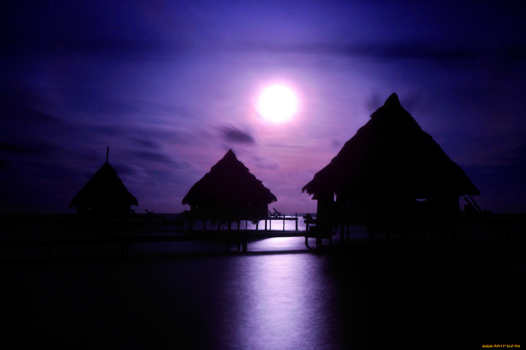 природа, восходы, закаты, ночь, луна, бунгало