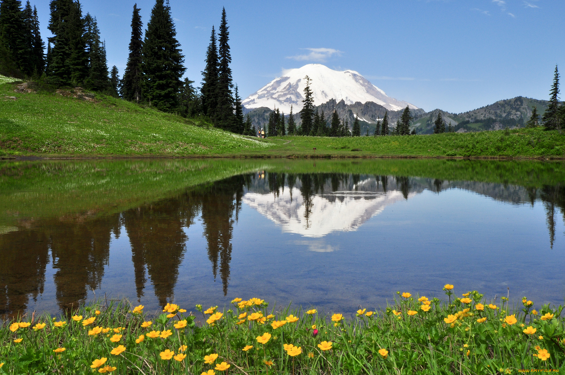 природа, реки, озера, снежные, вершины, вода, деревья, пейзаж