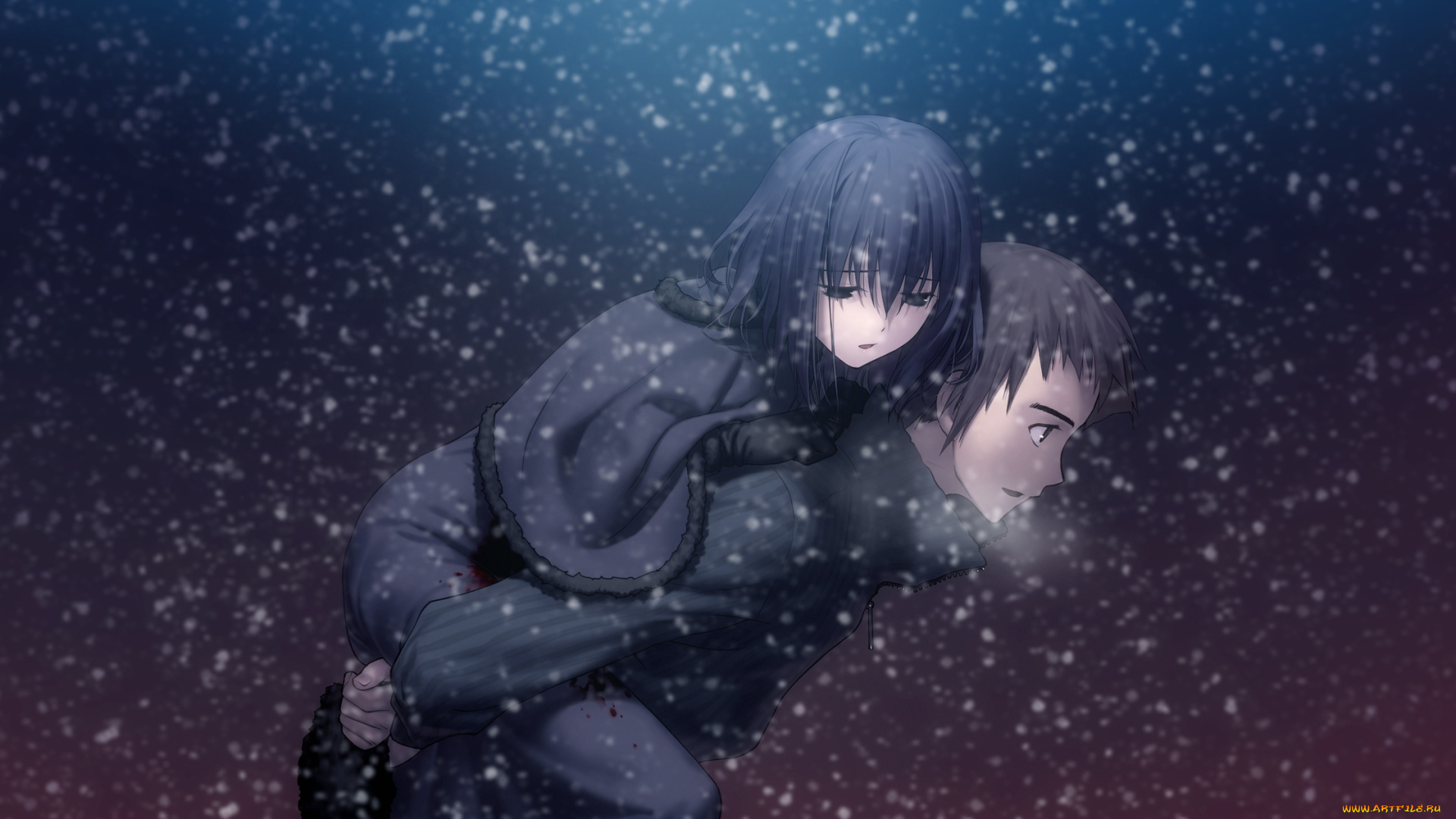 аниме, mahou, tsukai, no, yoru, девушка, парень, снег