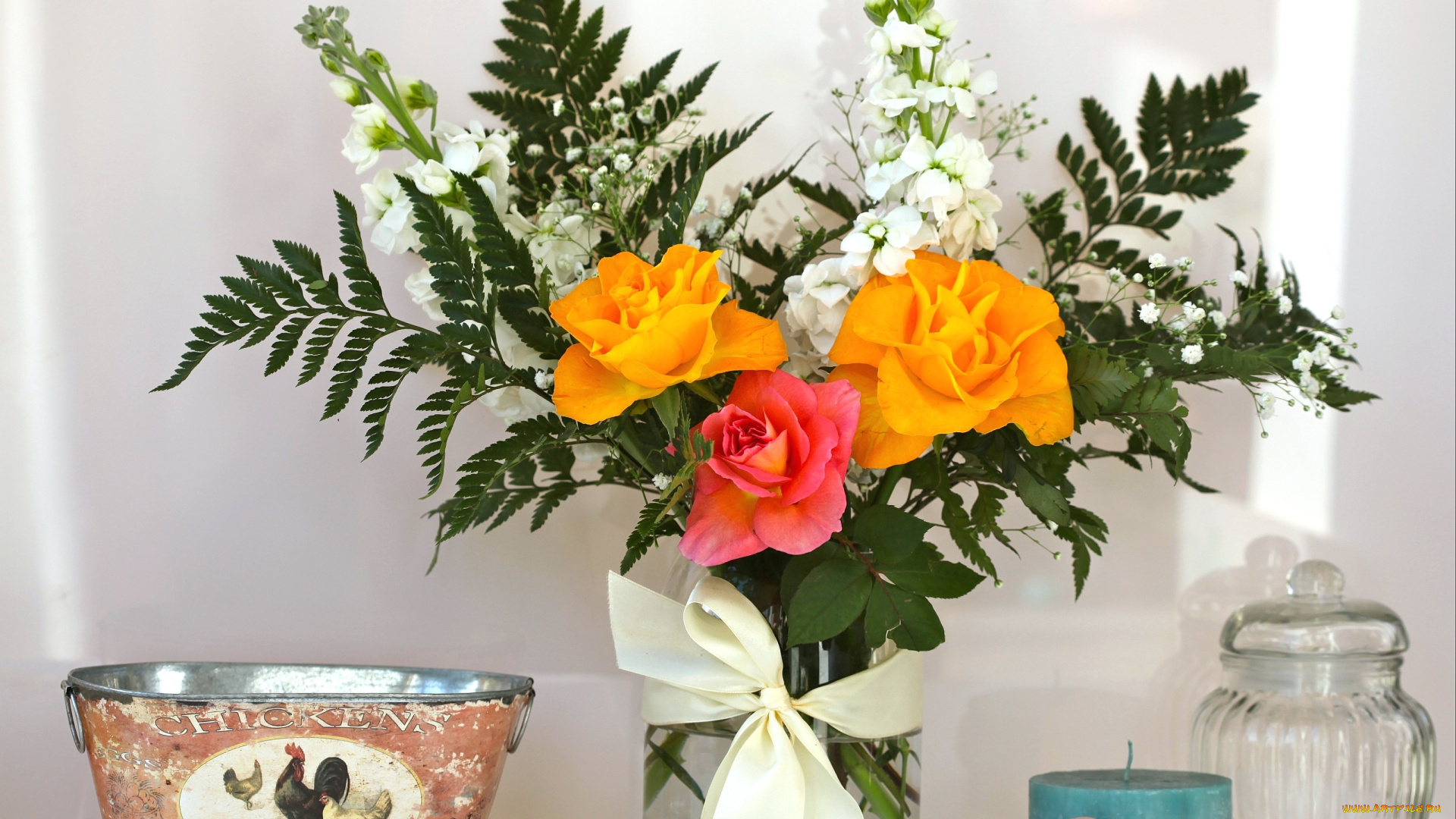 цветы, букеты, композиции, розы, левкой, папоротник, посуда