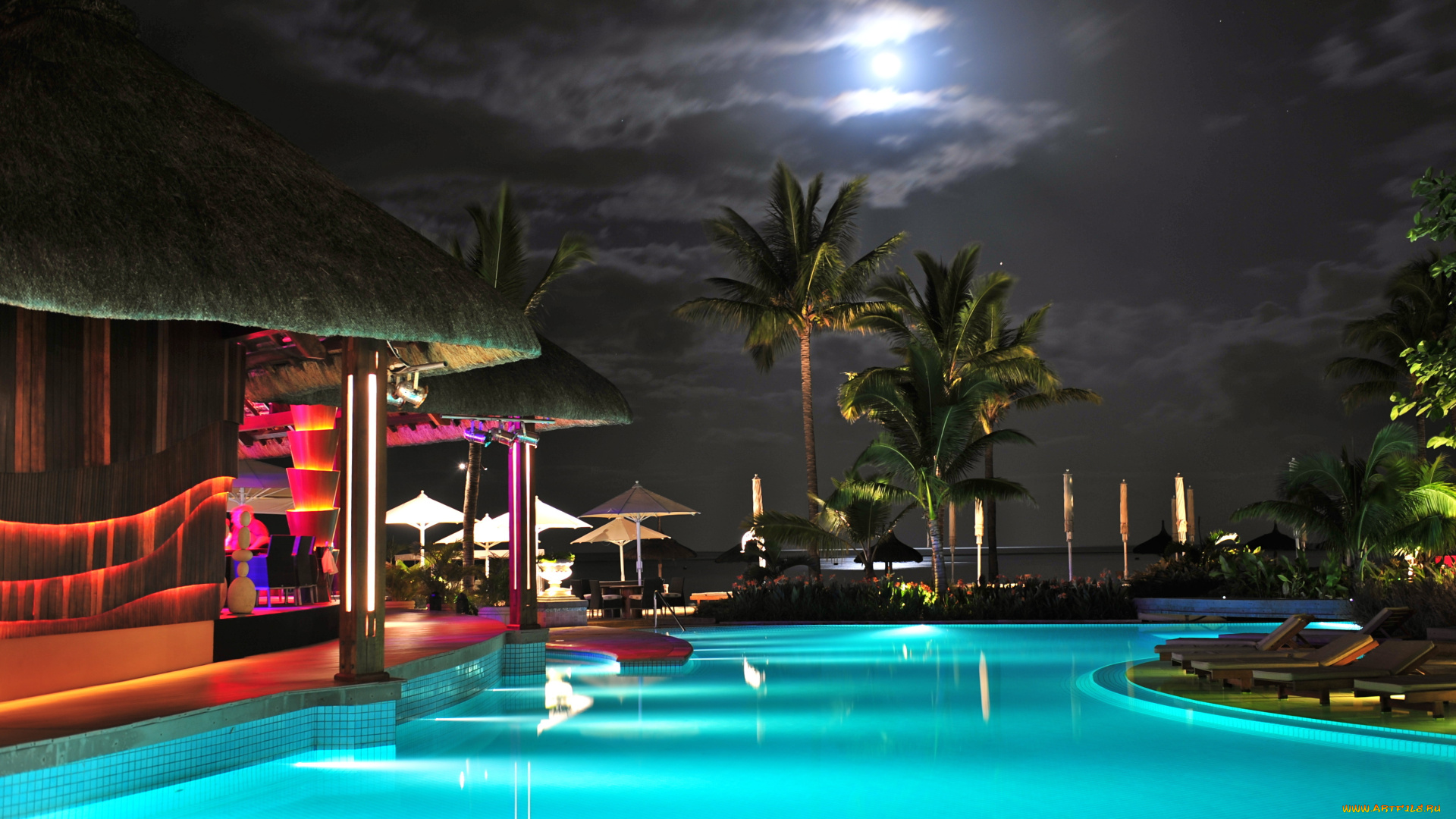интерьер, бассейны, открытые, площадки, маврикий, луна, пальма, небо