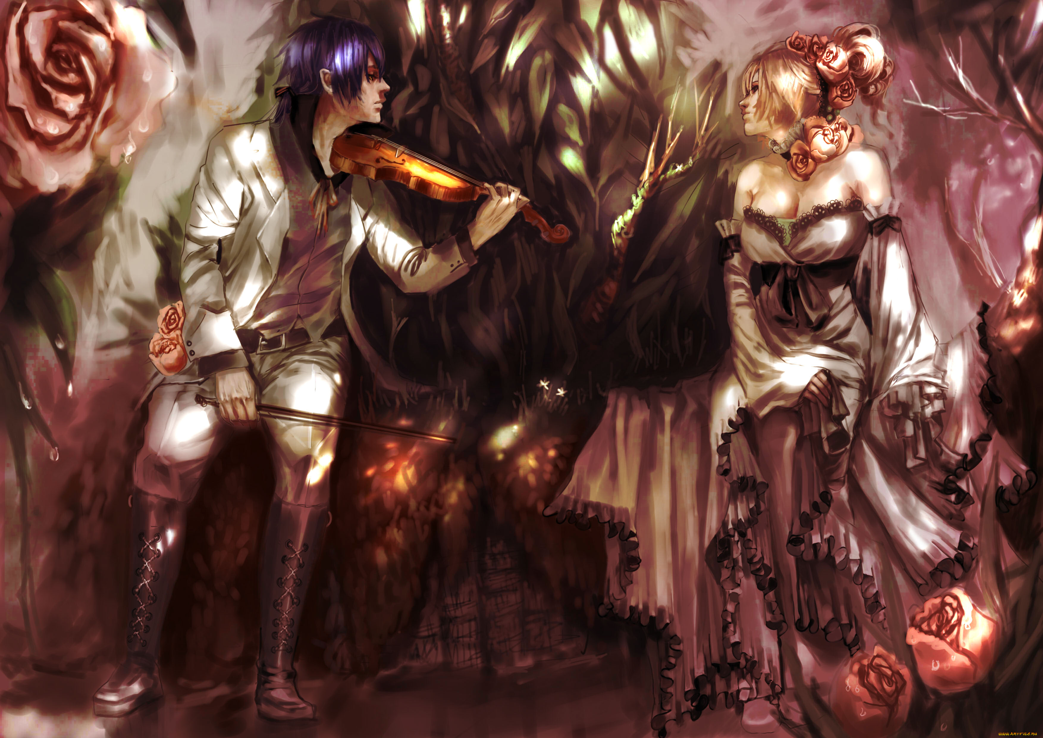 by, genki, de, фэнтези, люди, платье, костюм, скрипка, розы, девушка, мужчина