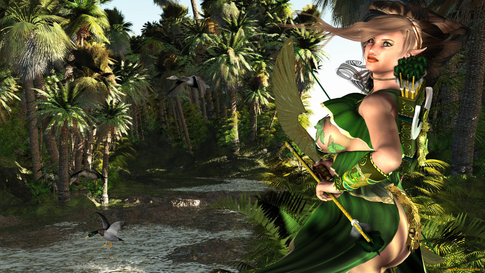 3д, графика, elves, эльфы, река, лес, эльфийка