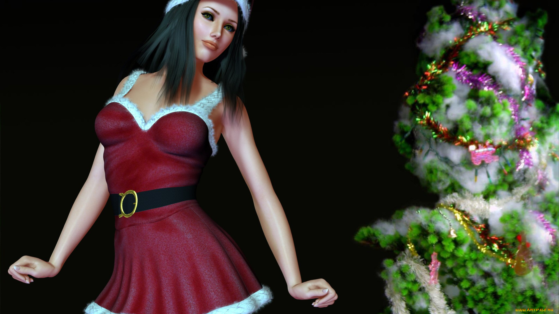 3д, графика, holidays, праздники, девушка, ель