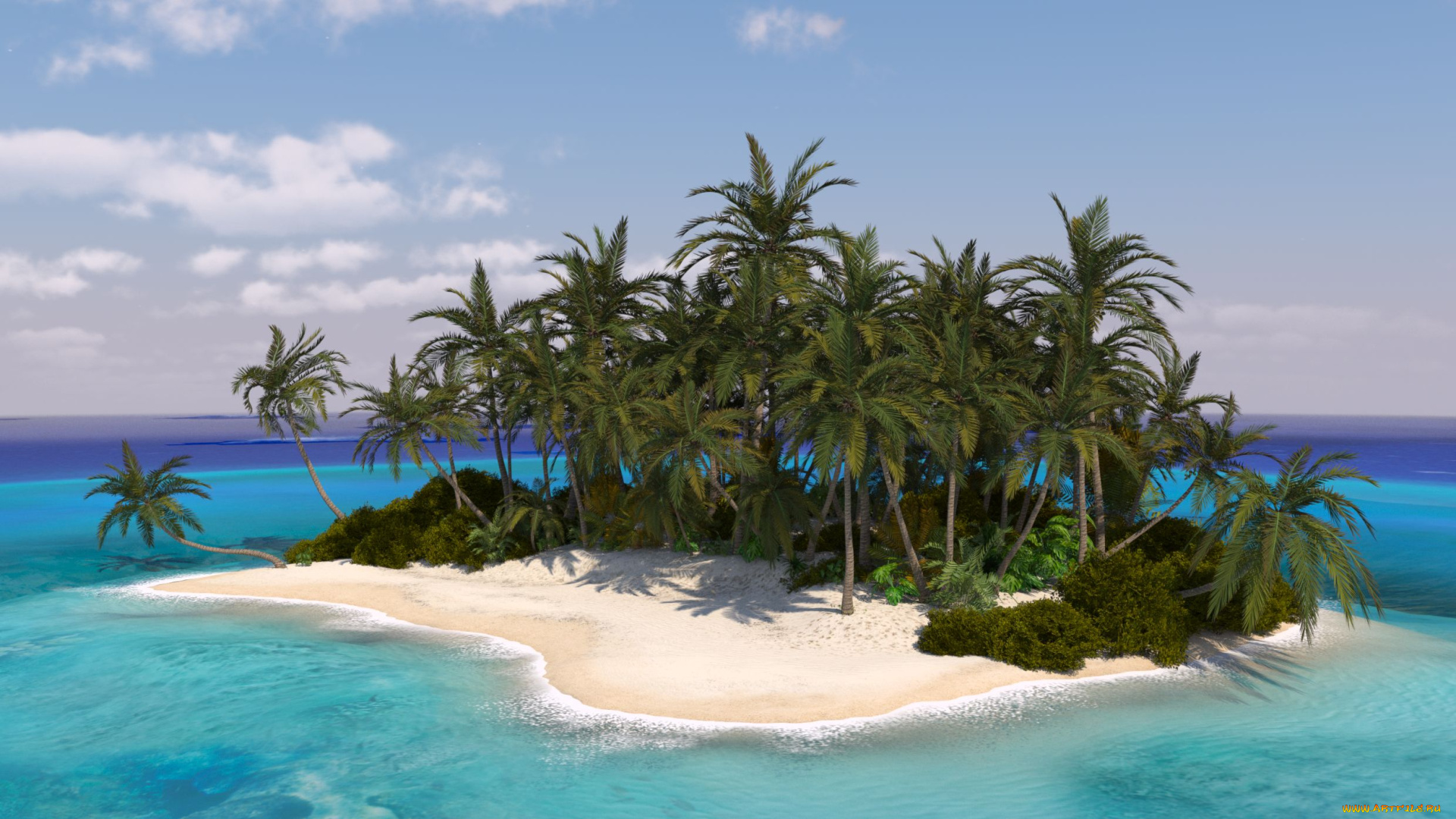 3д, графика, nature, landscape, природа, остров, пальмы, вода