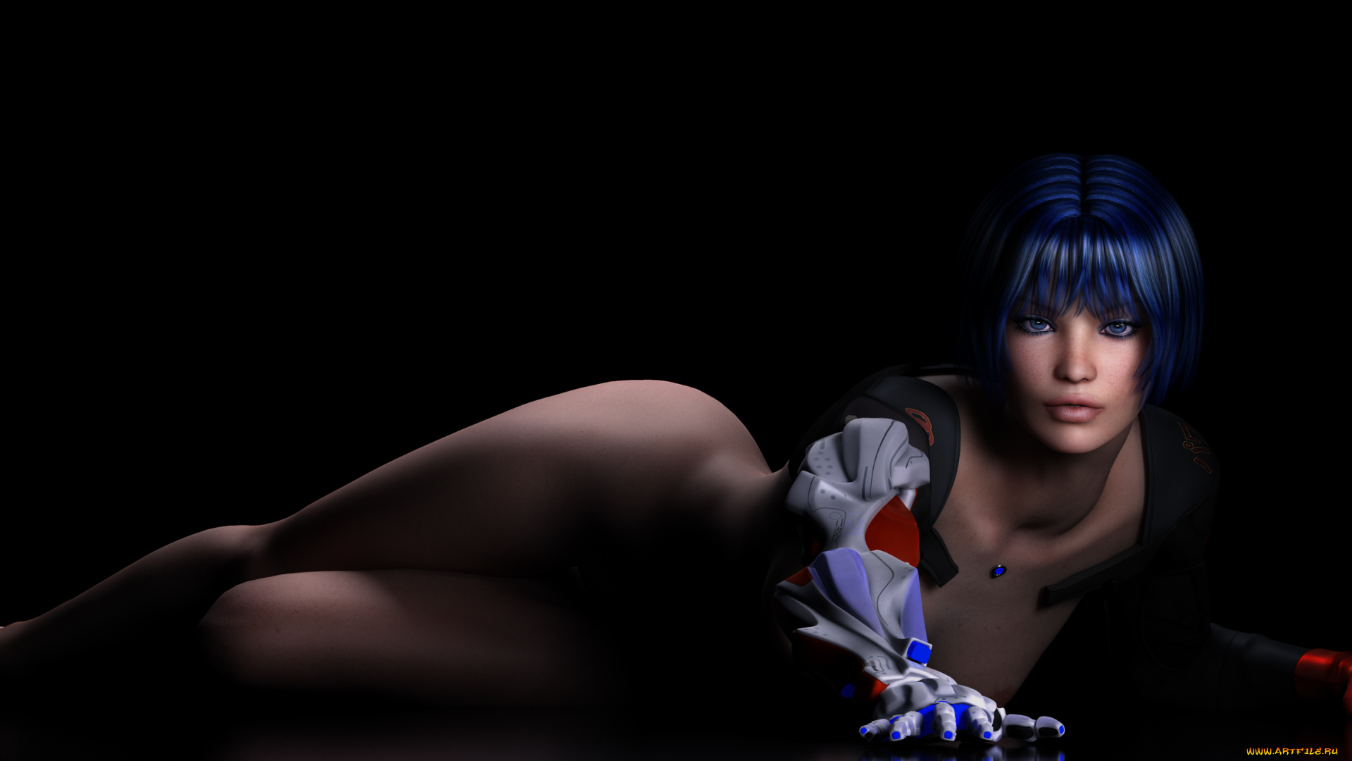 3д, графика, people, люди, поза, черный, фон, лицо, взгляд, веснушки, девушка, рендеринг, тело, рука, робот, синие, волосы