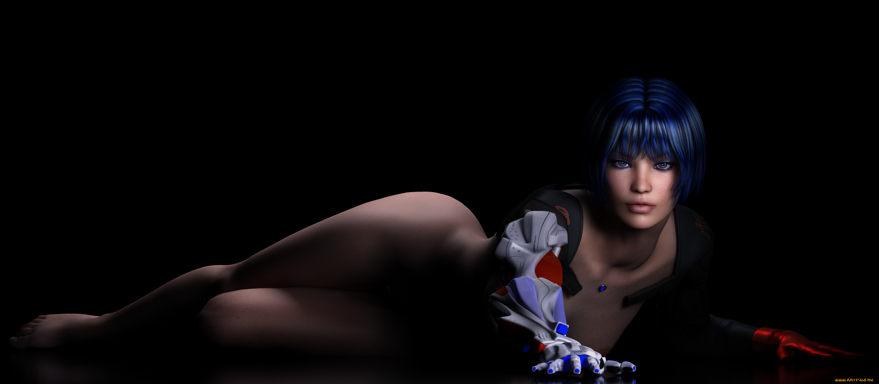 3д, графика, people, люди, поза, черный, фон, лицо, взгляд, веснушки, девушка, рендеринг, тело, рука, робот, синие, волосы